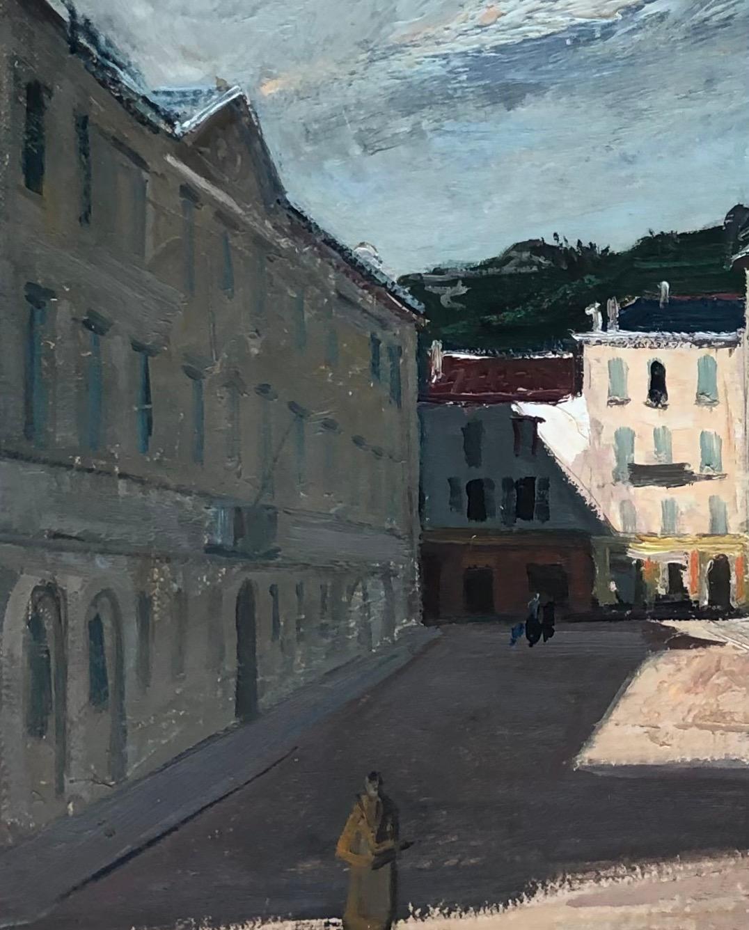 The lively square and Piazza Governo, in Bellinzona - Gray Landscape Painting by Adrien Holy