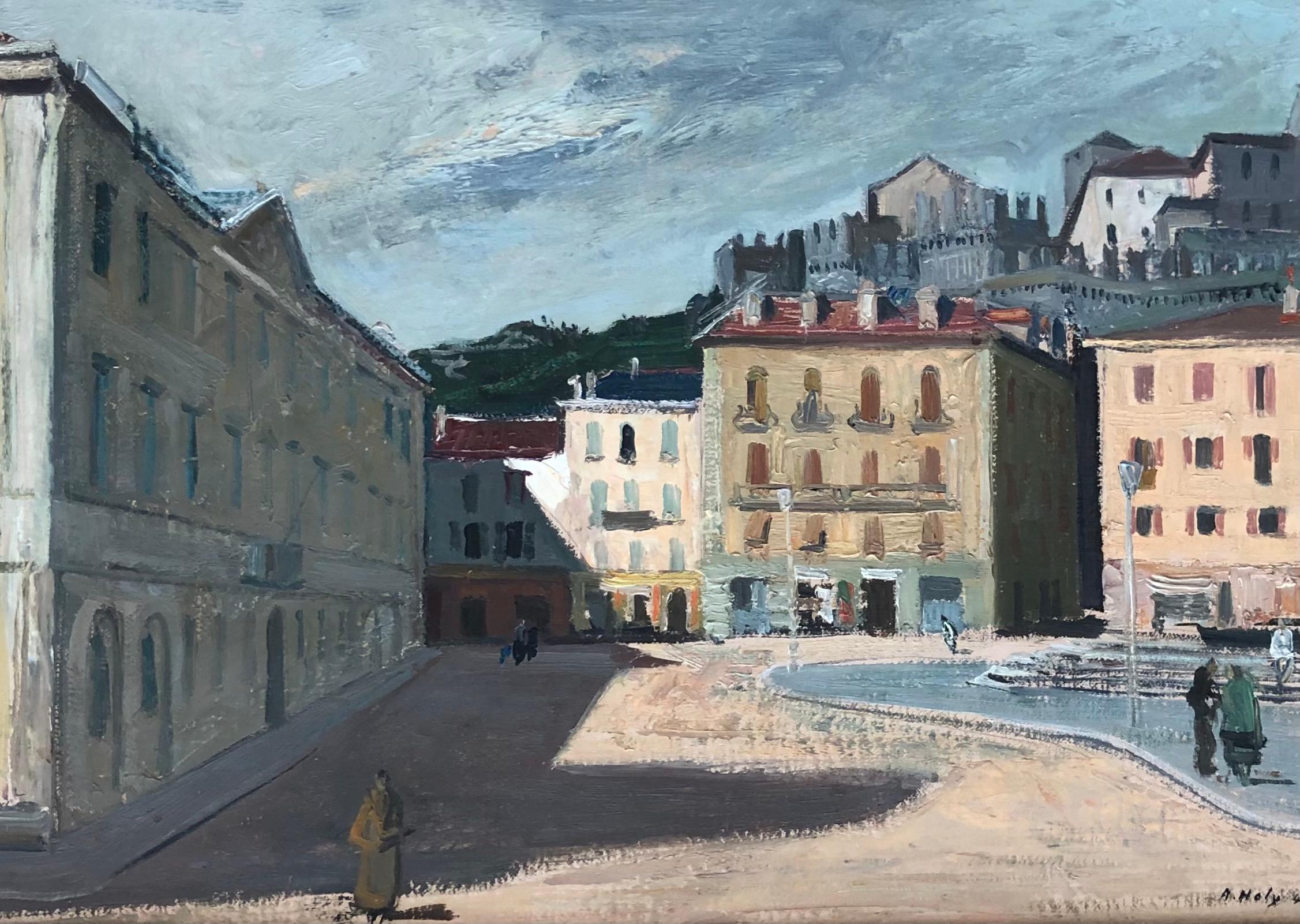 Landscape Painting de Adrien Holy - La animada plaza y Piazza Governo, en Bellinzona