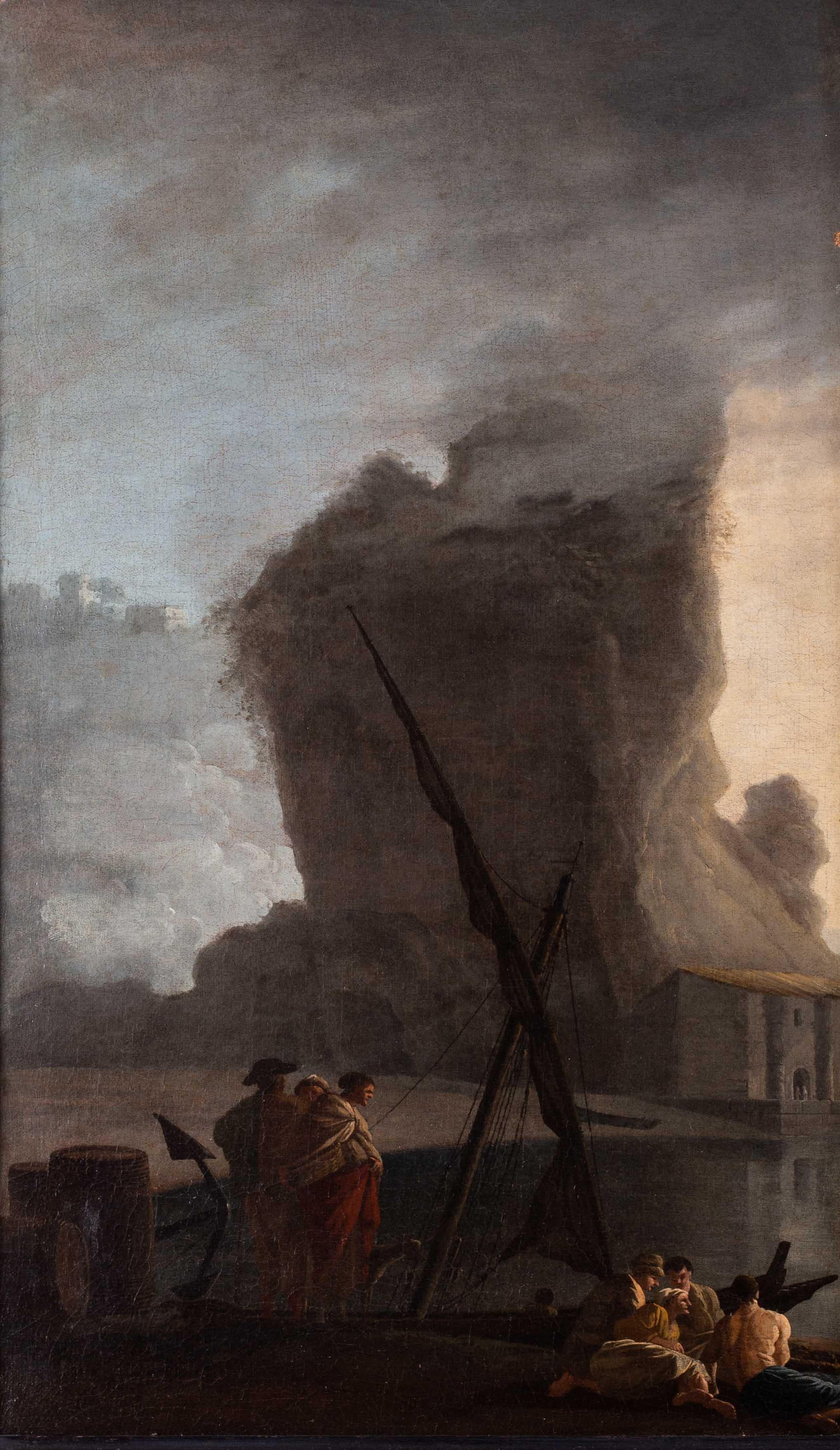 French 18th Century landscape painting of Sailors at a quay under misty skies - Painting by Adrien Manglard