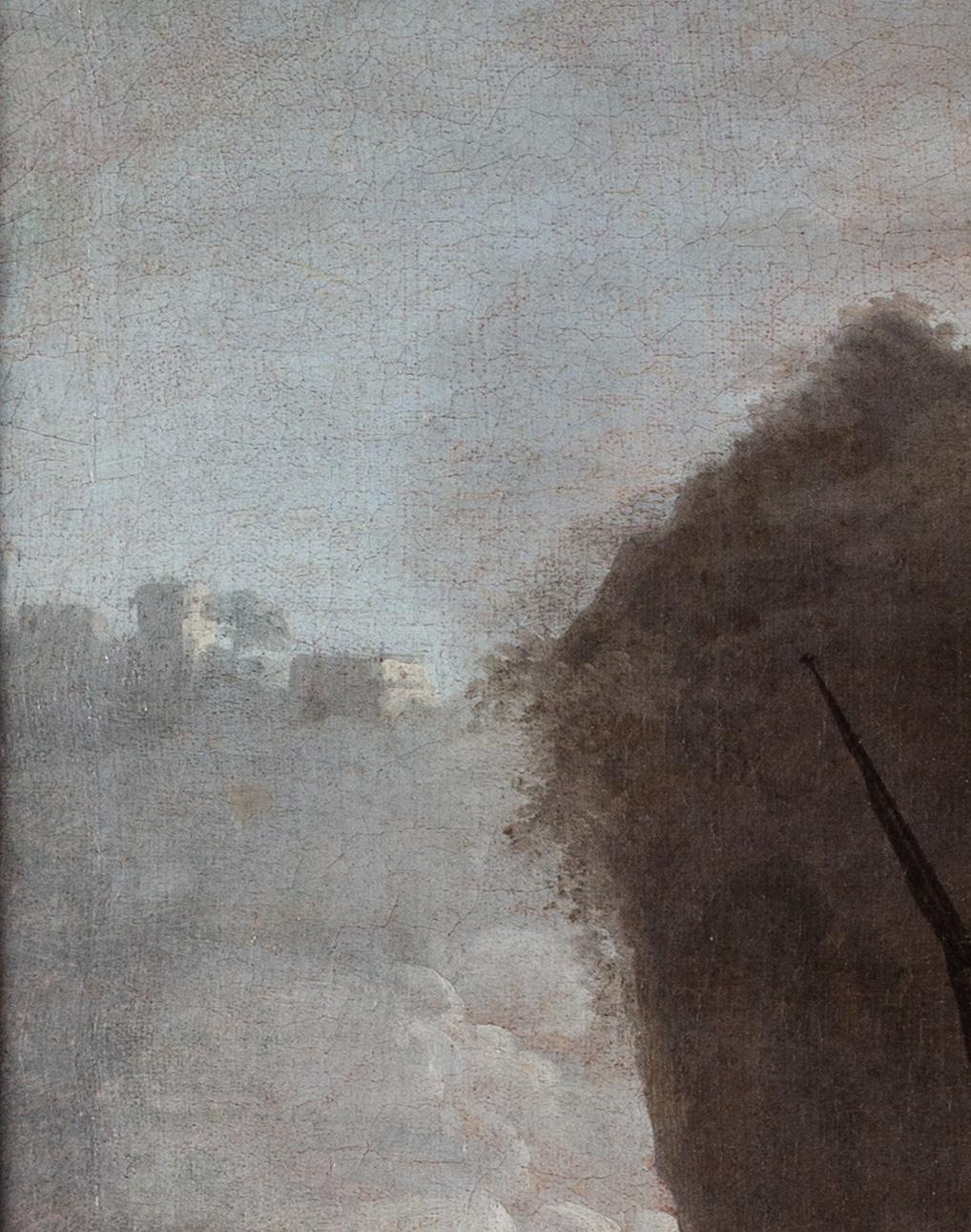 French 18th Century landscape painting of Sailors at a quay under misty skies - Old Masters Painting by Adrien Manglard