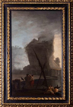 Antique French 18th Century landscape painting of Sailors at a quay under misty skies