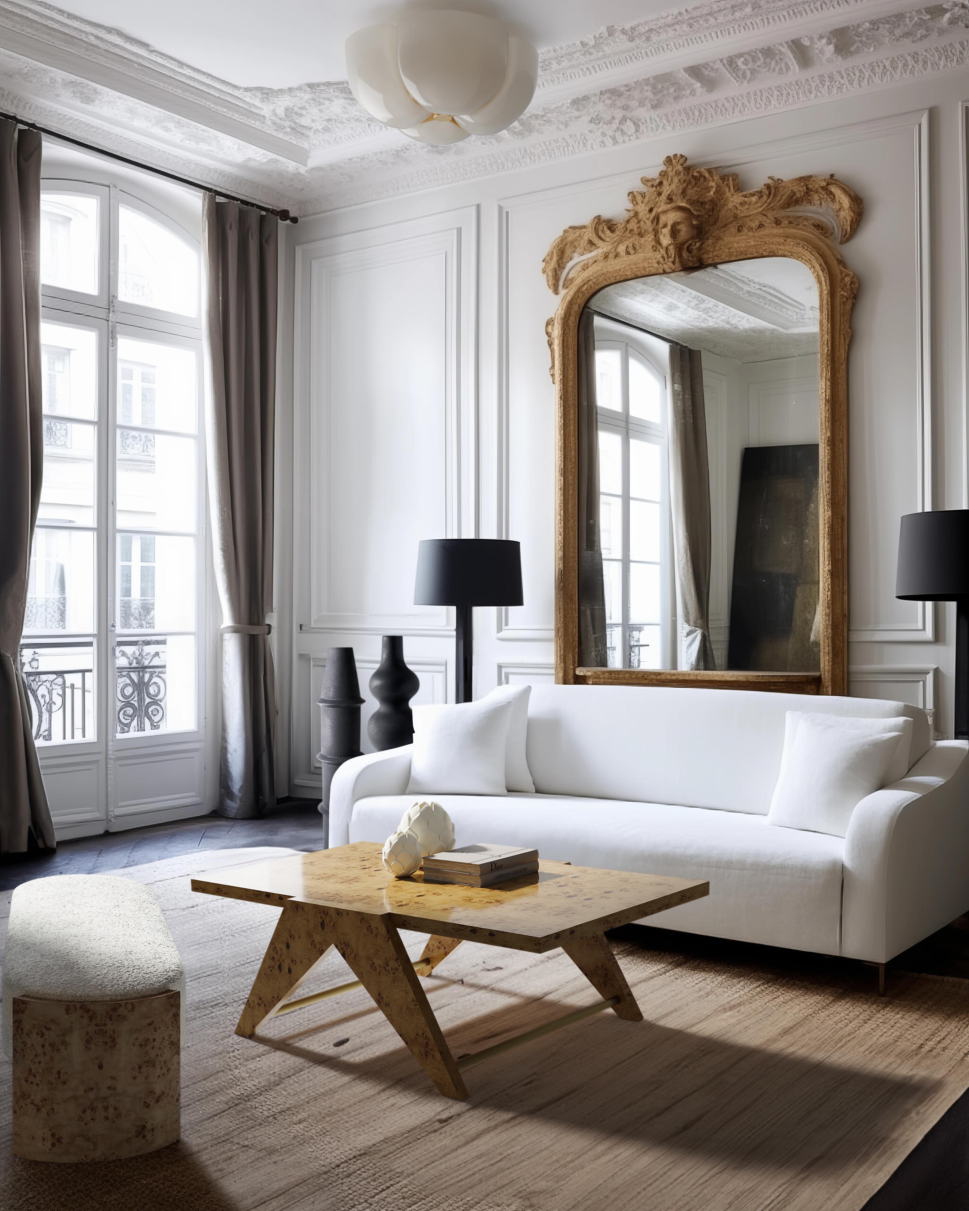La table basse Adrien présente une silhouette épurée et moderne qui rappelle le maître du design Pierre Jeanneret. Il présente une superbe finition en ronce de mappa, complétée par des accents en laiton vieilli qui mettent en valeur son design