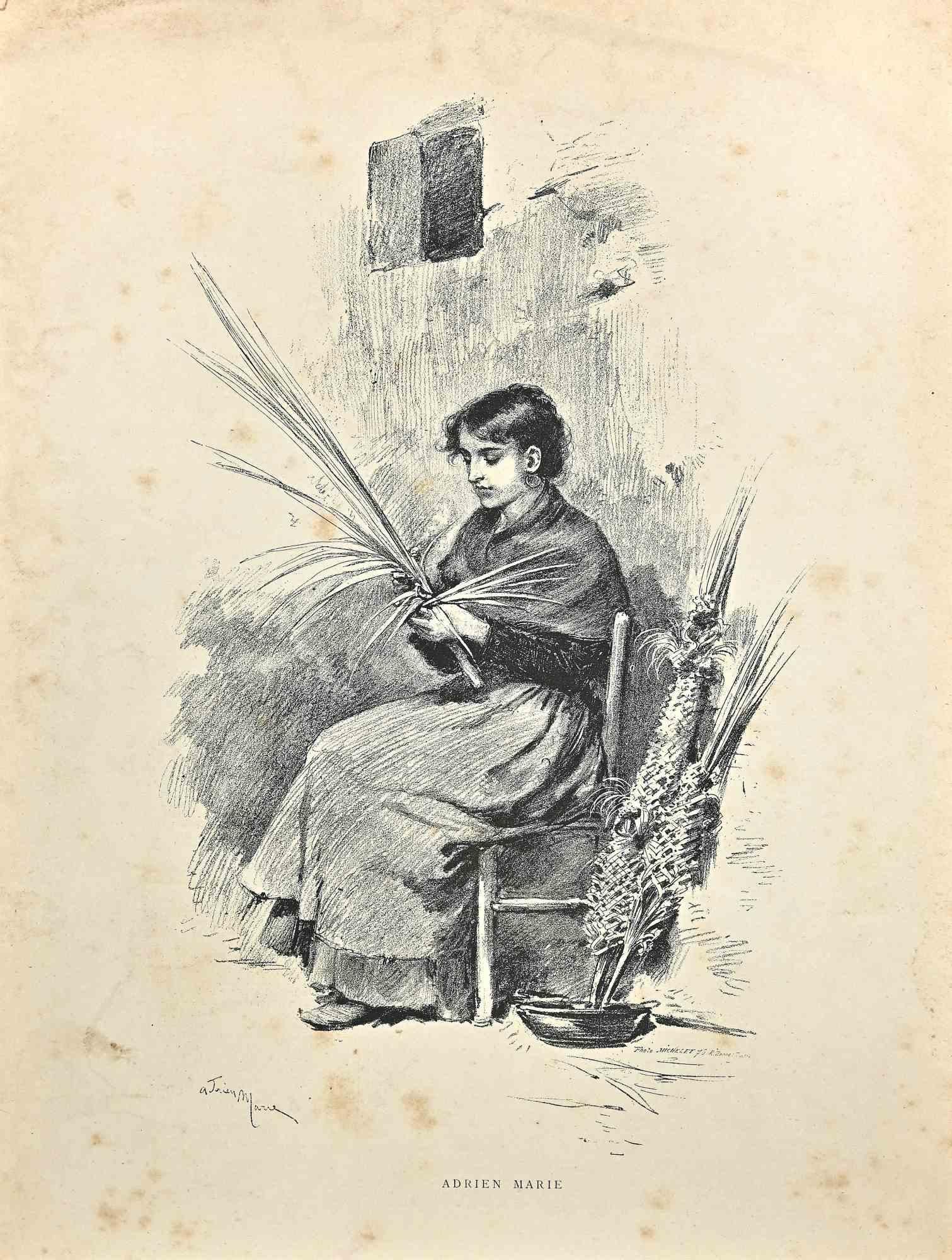 Young Peasant is a print realized by Adrien Marie (1848-1891) Late 19th Century.

Lithograph on paper.

Signed on the plate on the lower margin.

Good conditions with diffused foxing and folding due to the time.

The artwork is realized by soft