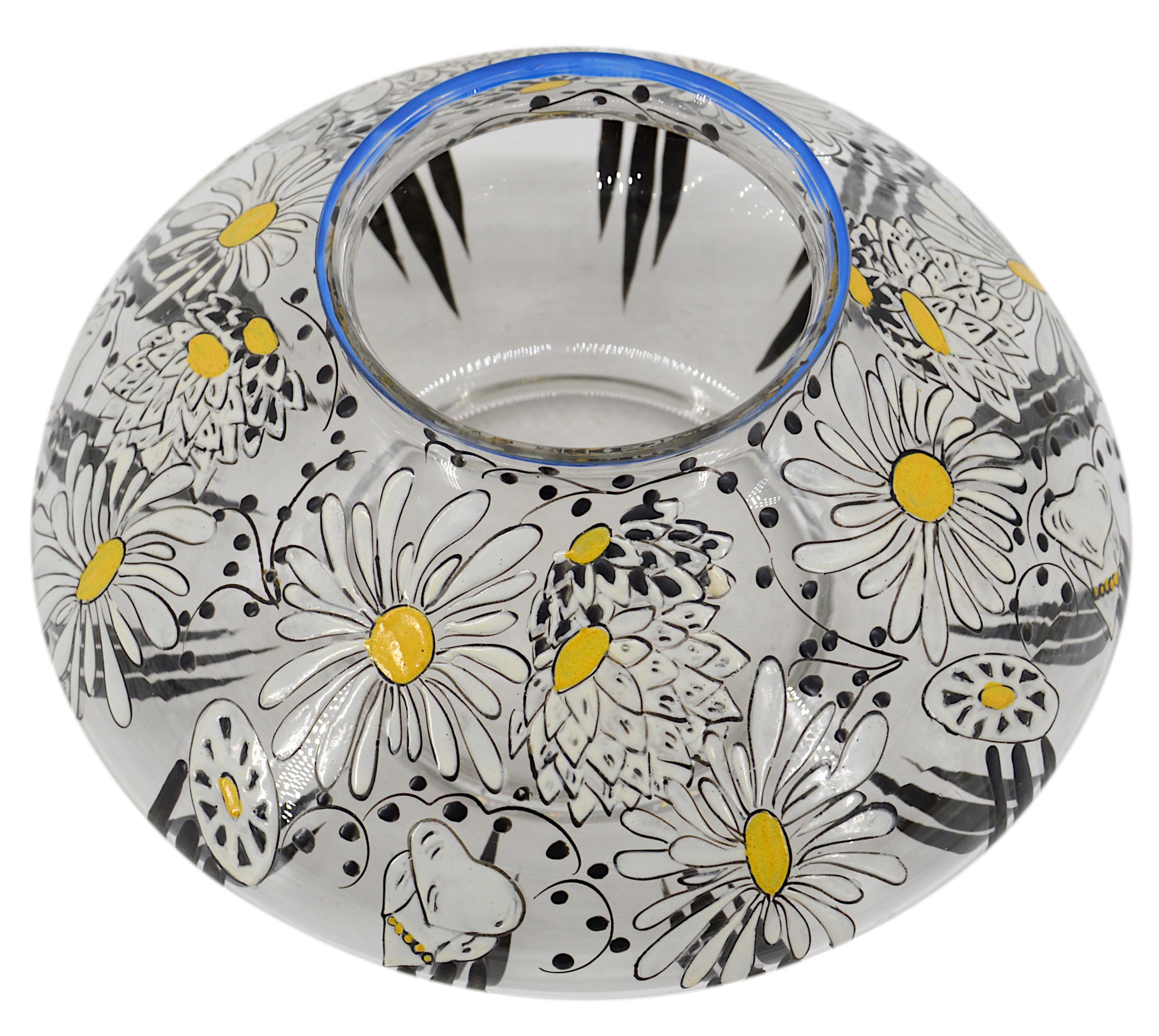 Enameled Art Glass Vase by Adrien Mazoyer (1887-1950), Moulins, France, 1920s. This stunning enameled art glass vase by Adrien Mazoyer features beautifully intricate large daisies, rich in color and detail. The vase showcases the elegance of the Art
