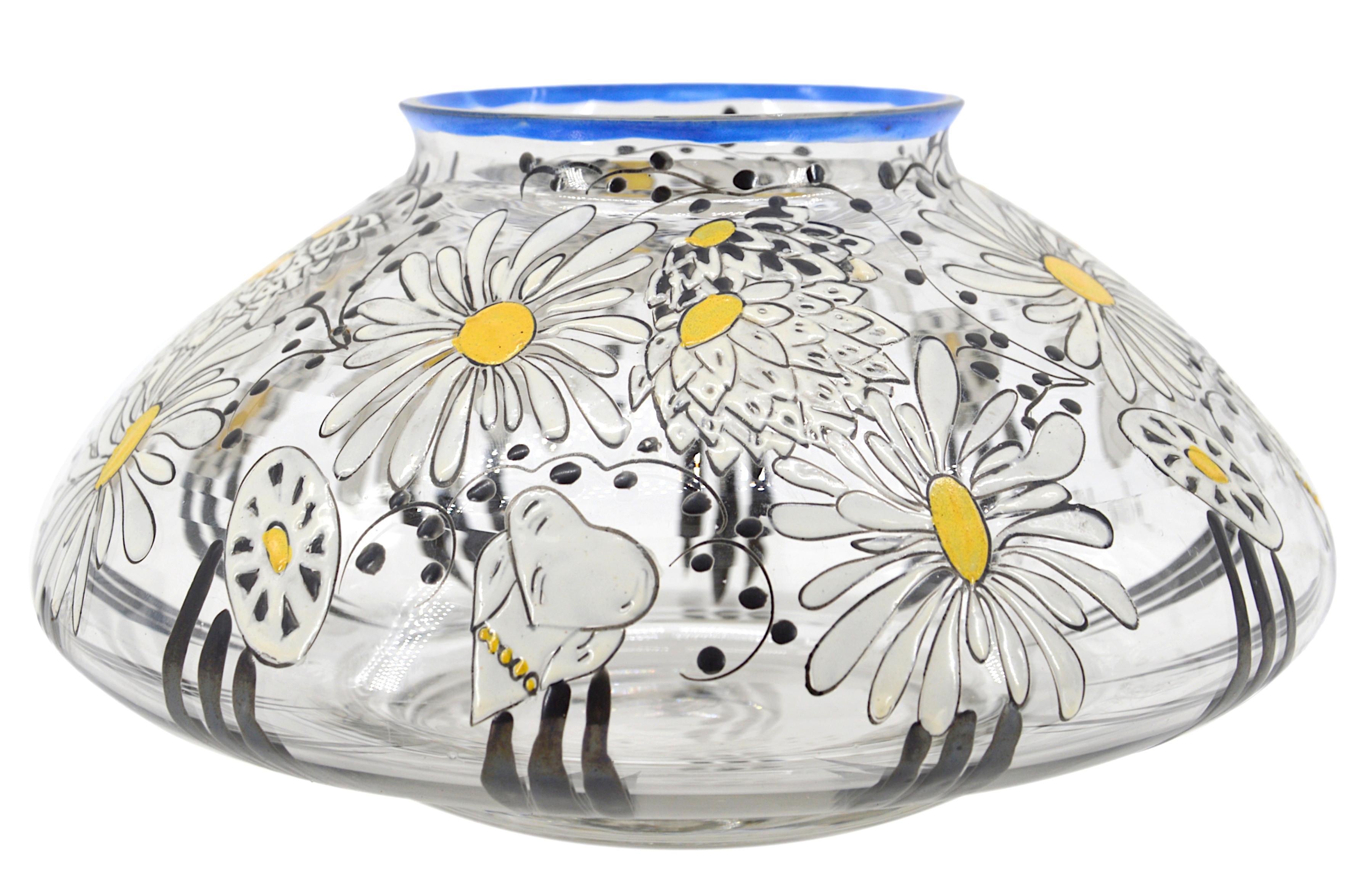 Adrien Mazoyer Art Deco Enameled Daisy Vase, 1920 For Sale 1