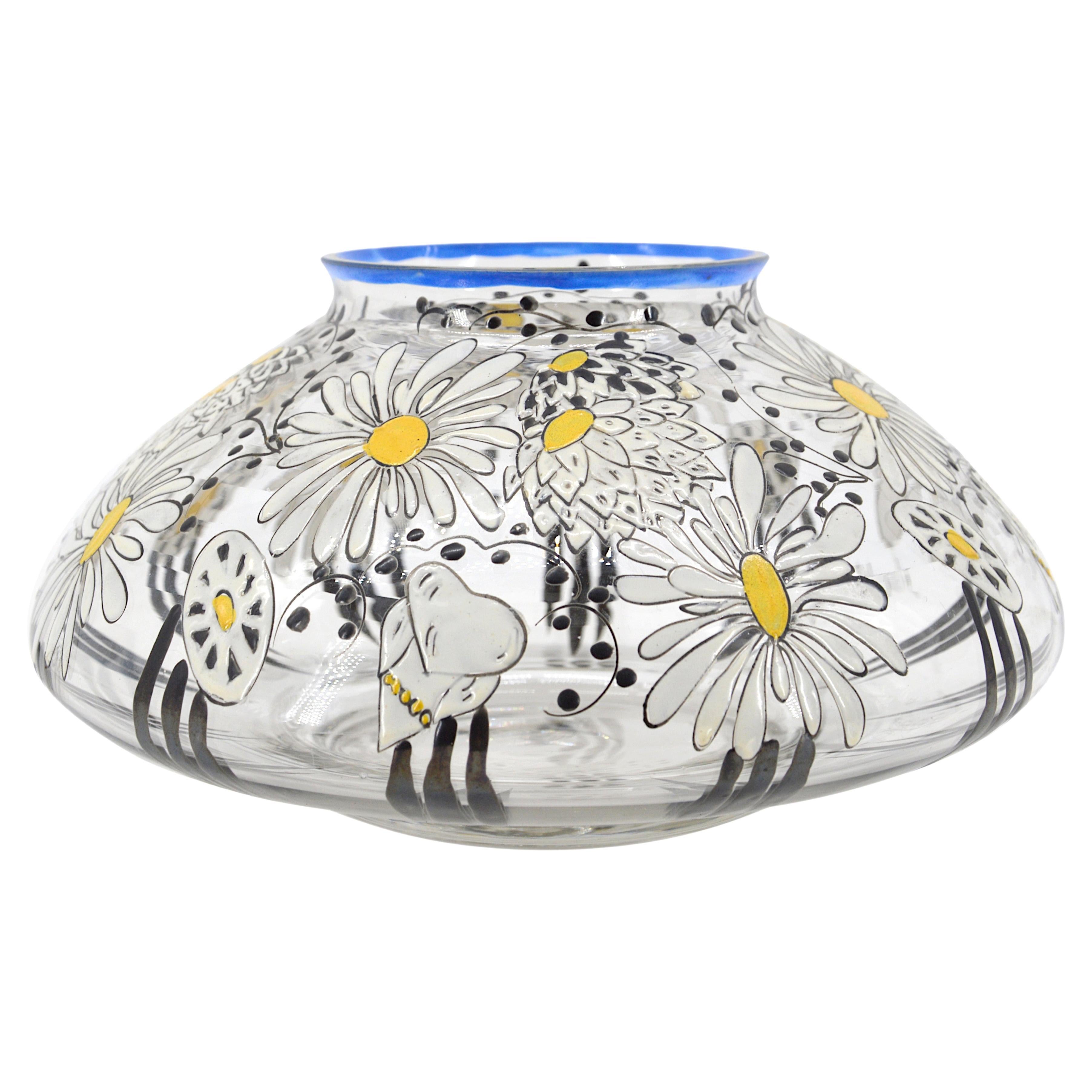 Adrien Mazoyer Art Deco Enameled Daisy Vase, 1920 For Sale