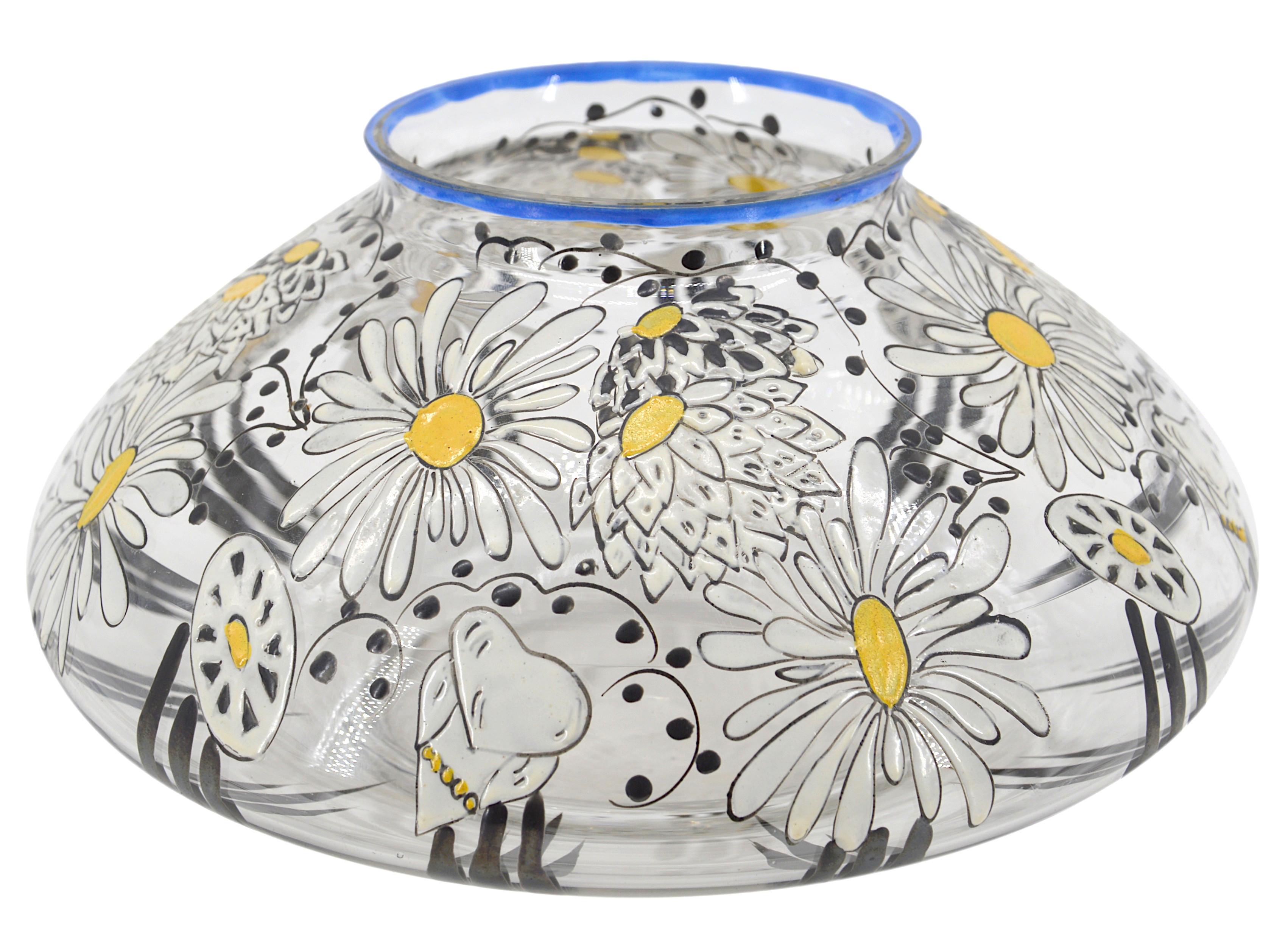 Enameled art glass vase by Adrien Mazoyer (1887-1950), Moulins, France, 1920s. Richly enameled large daisies. Measures: height : 4.7