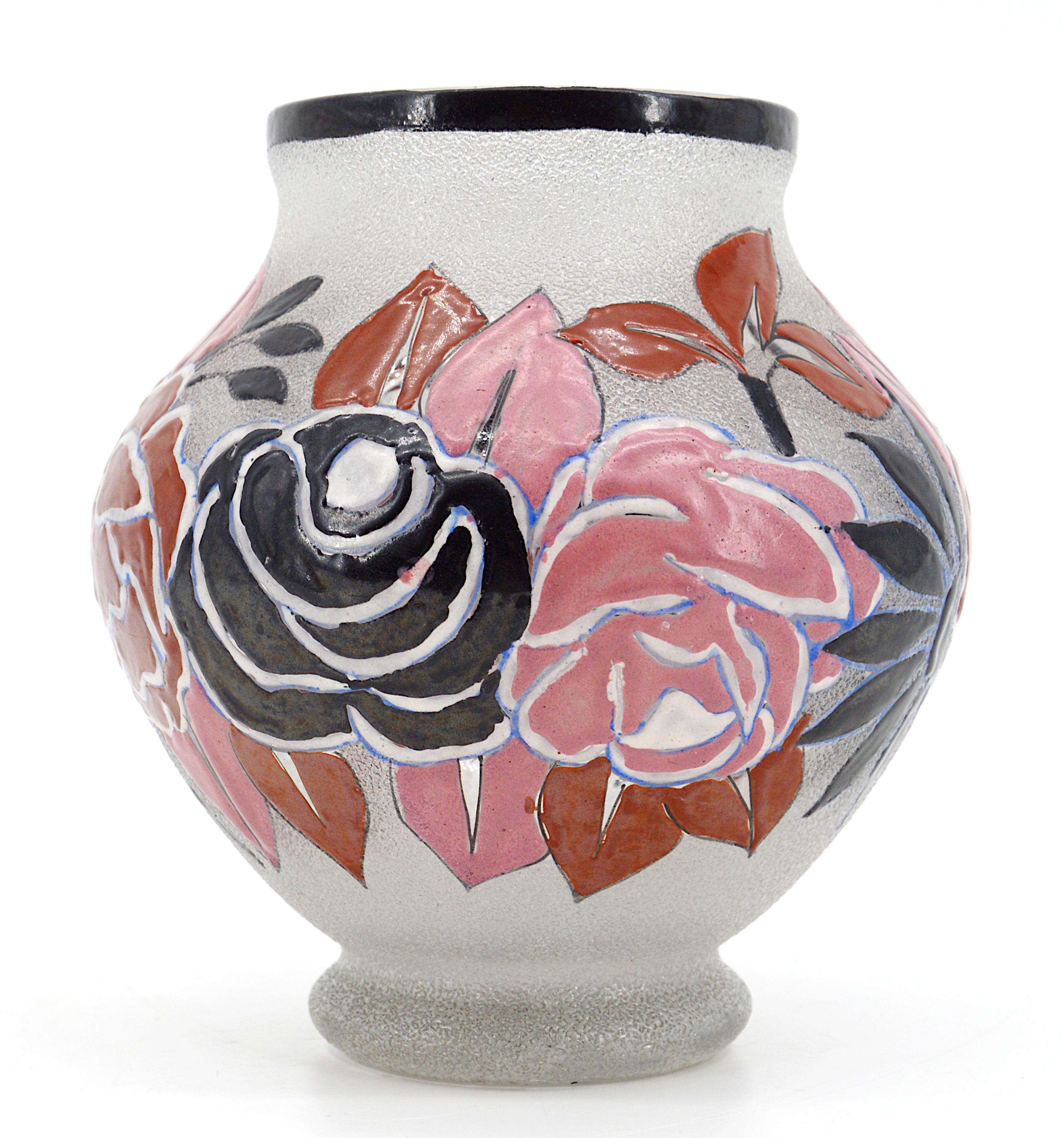 Enameled glass vase by Adrien Mazoyer (1887-1950), Moulins, France, 1920s. Richly enameled large roses. Measures: Height : 6.9