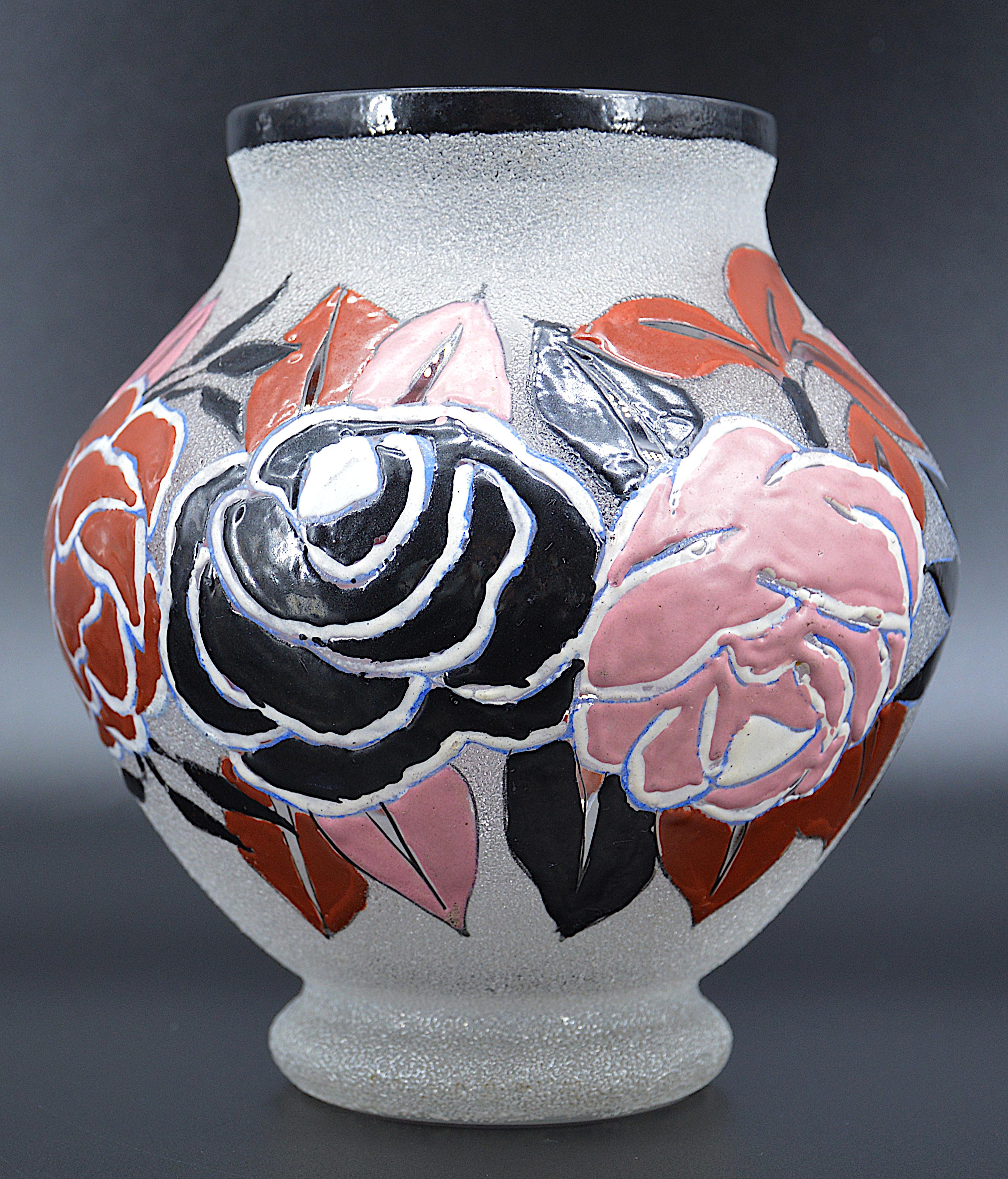Adrien Mazoyer French Art Deco Enameled Flower Vase, 1920s In Excellent Condition For Sale In Saint-Amans-des-Cots, FR