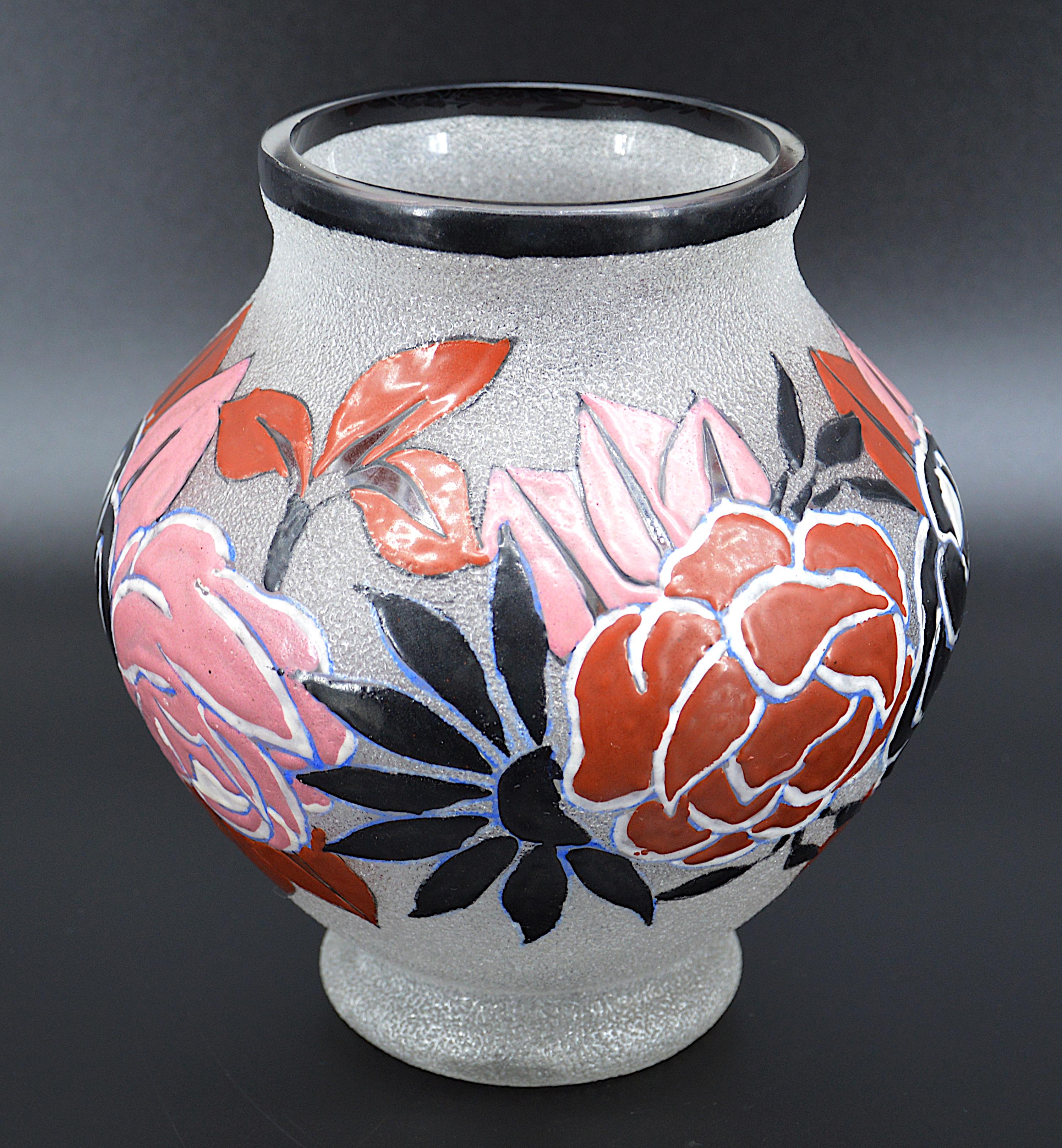 Art Glass Adrien Mazoyer French Art Deco Enameled Flower Vase, 1920s For Sale