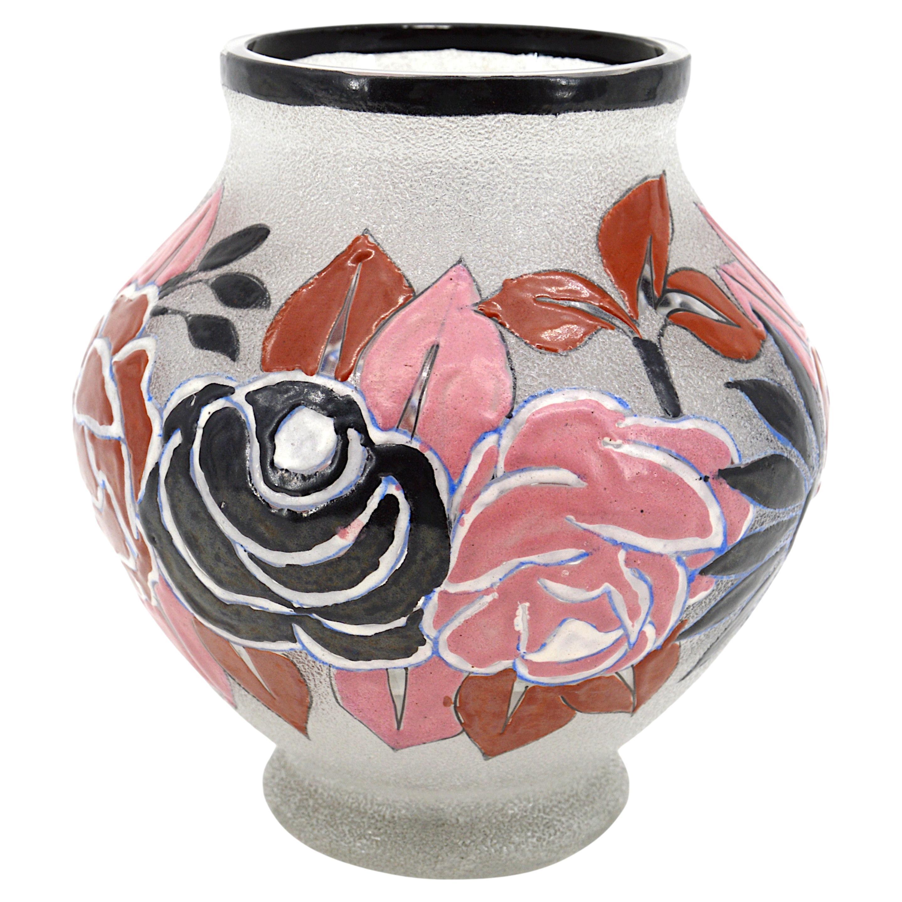 Adrien Mazoyer French Art Deco Enameled Flower Vase, 1920s For Sale