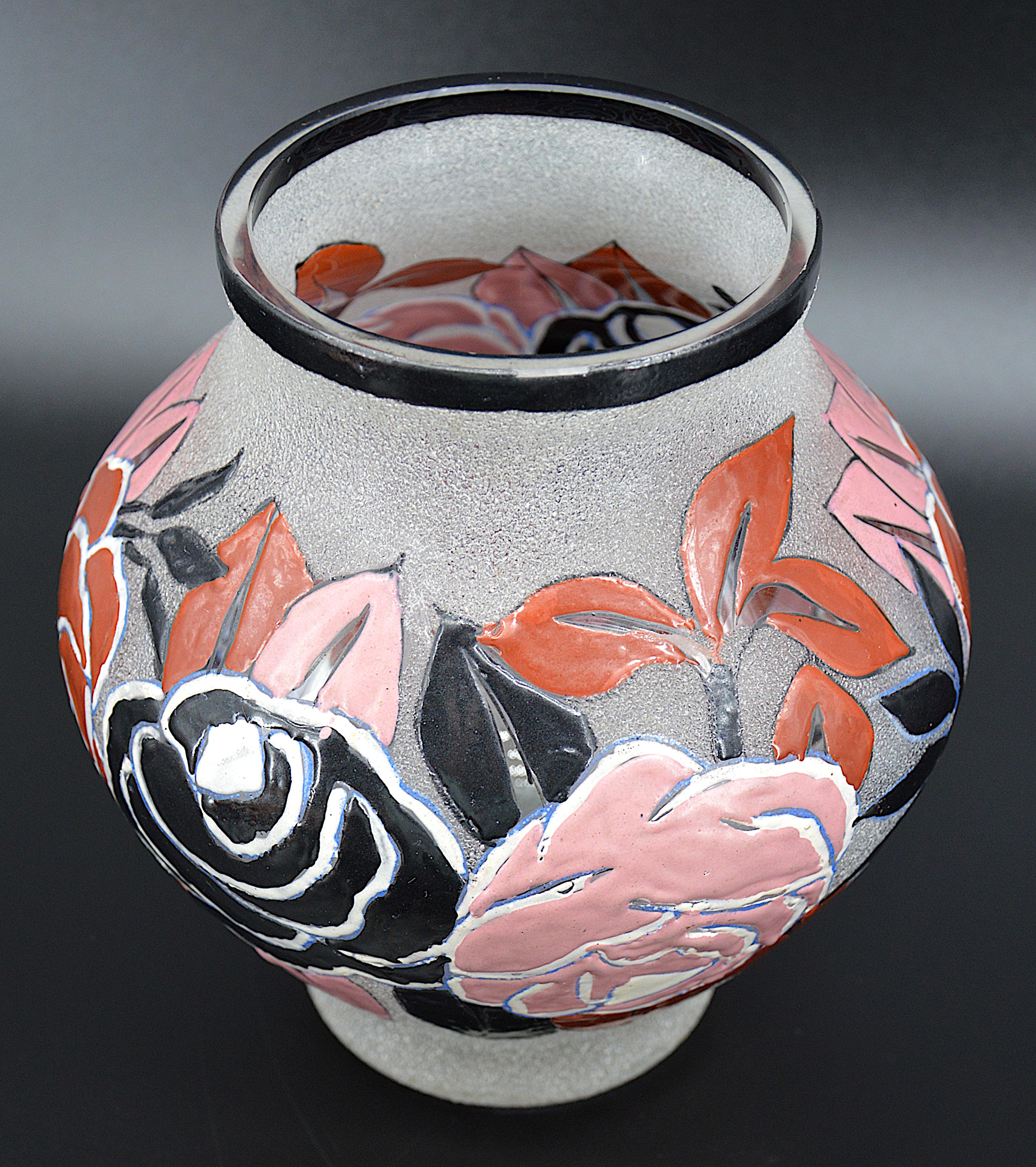 Inizio XX secolo Adrien Mazoyer Raro vaso da fiori smaltato Art Déco, 1920 in vendita