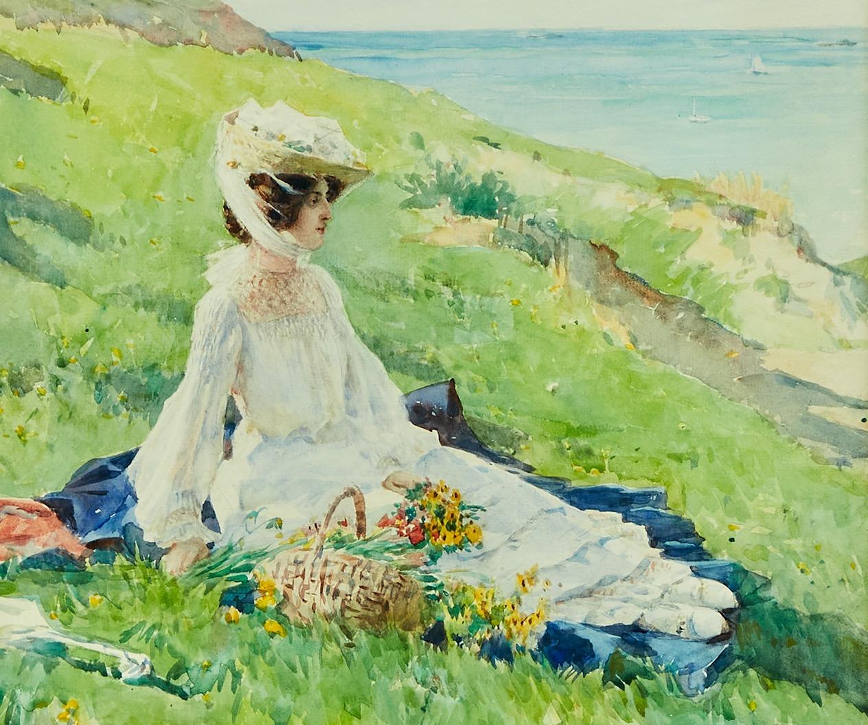 Adrien Moreau, Woman with Picked Flowers in a Basket Resting by the Sea For Sale 2