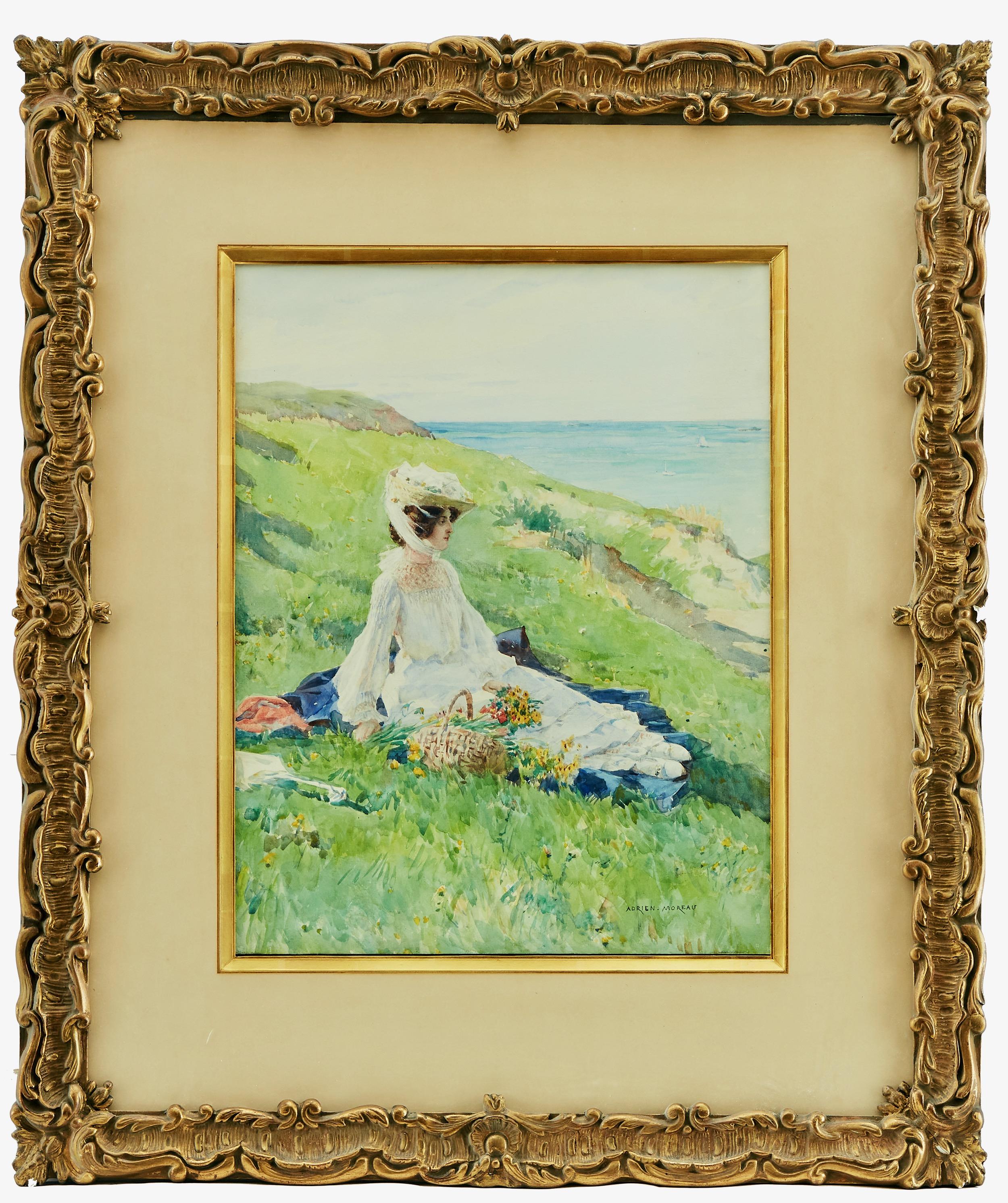A beautiful watercolor by Adrien Moreau (1843-1906) showing a woman with freshly picked flowers in a basket resting in the grass by the sea. The colors are strong and it is mounted in a beautiful gilded frame. 

Adrien Moreau was a French genre and