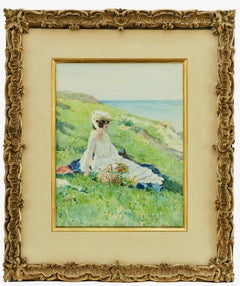 Antique Woman with Flowers Resting by the Sea. 19th Century Watercolor.
