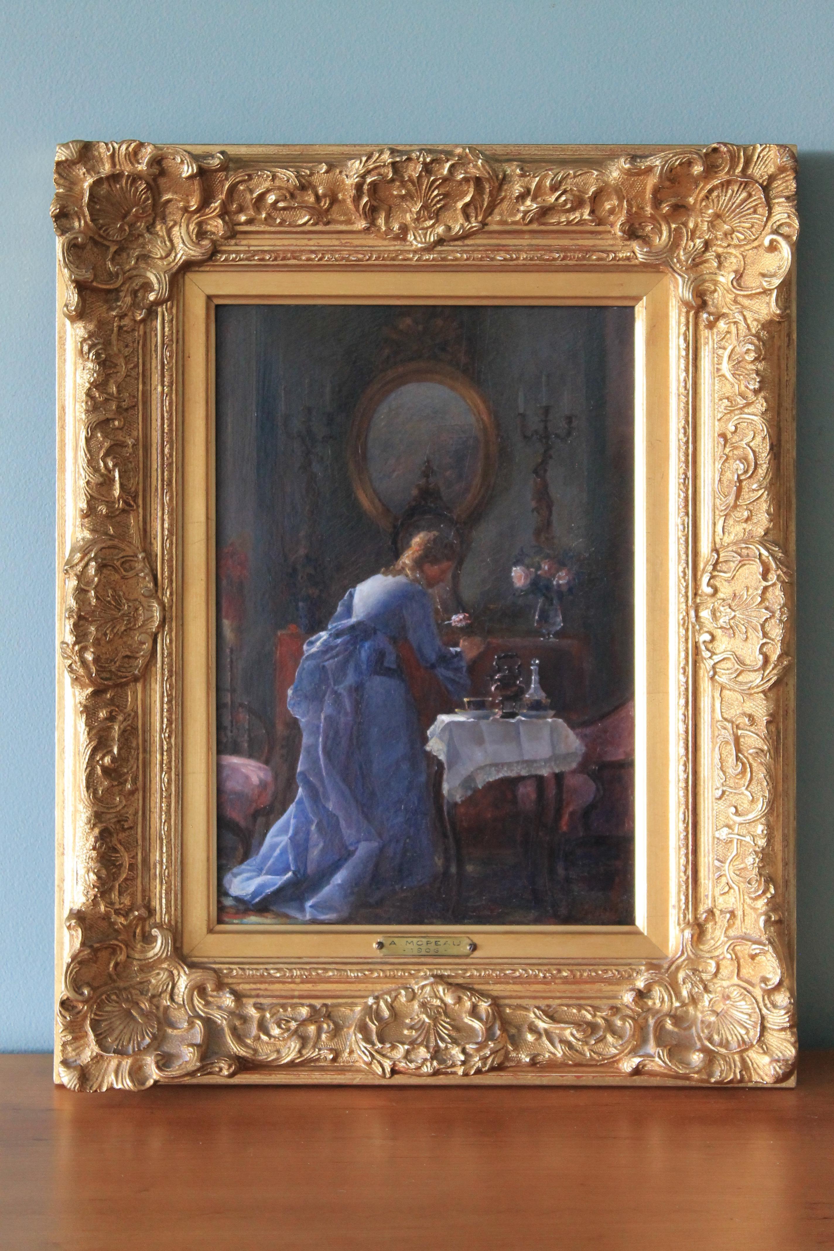 Antique oil painting interior room at tea time - Painting by Adrien Moreau