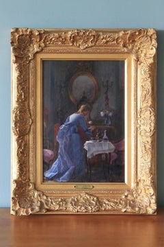 Antique oil painting interior room at tea time
