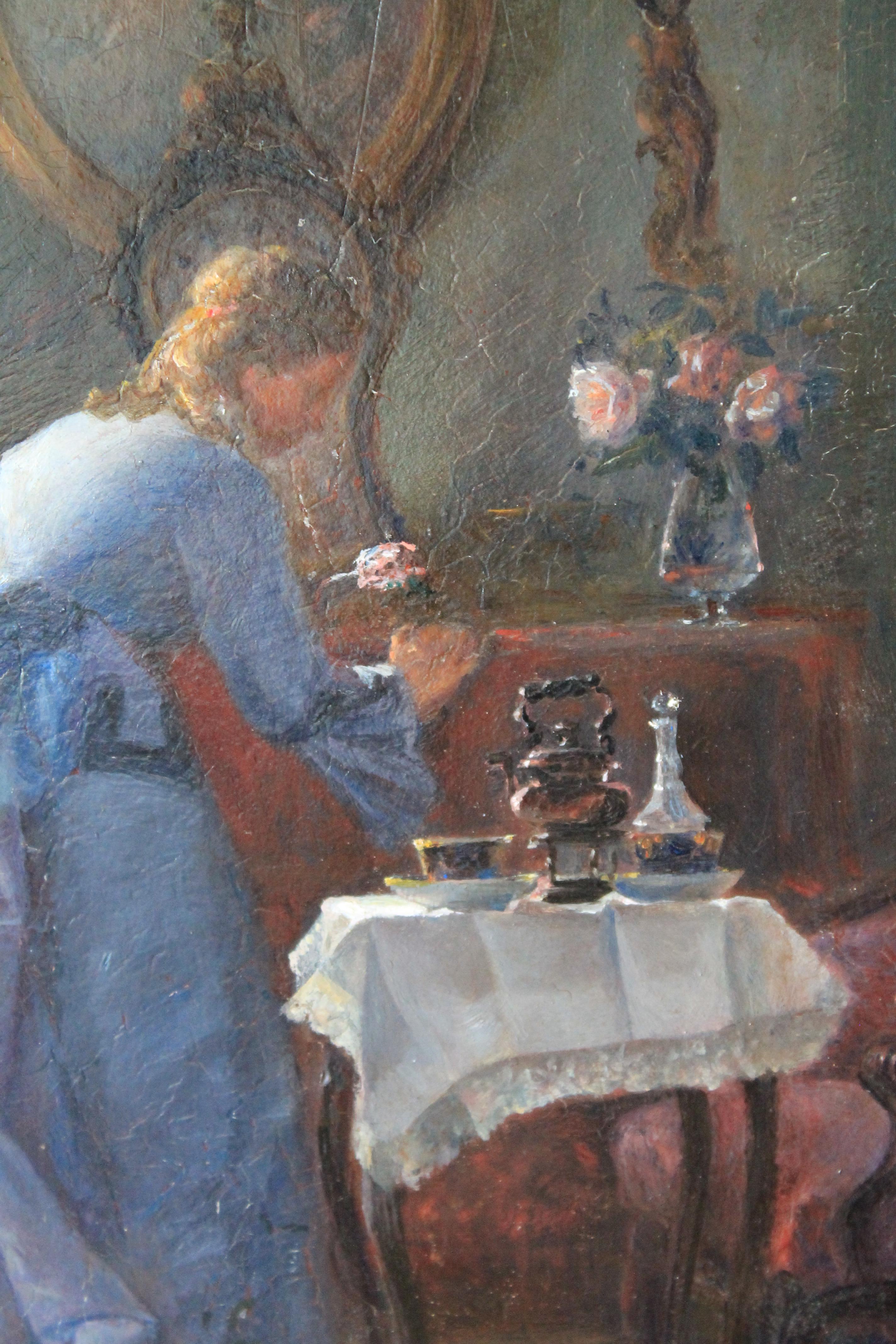 Antique oil painting interior room at tea time - Art Nouveau Painting by Adrien Moreau