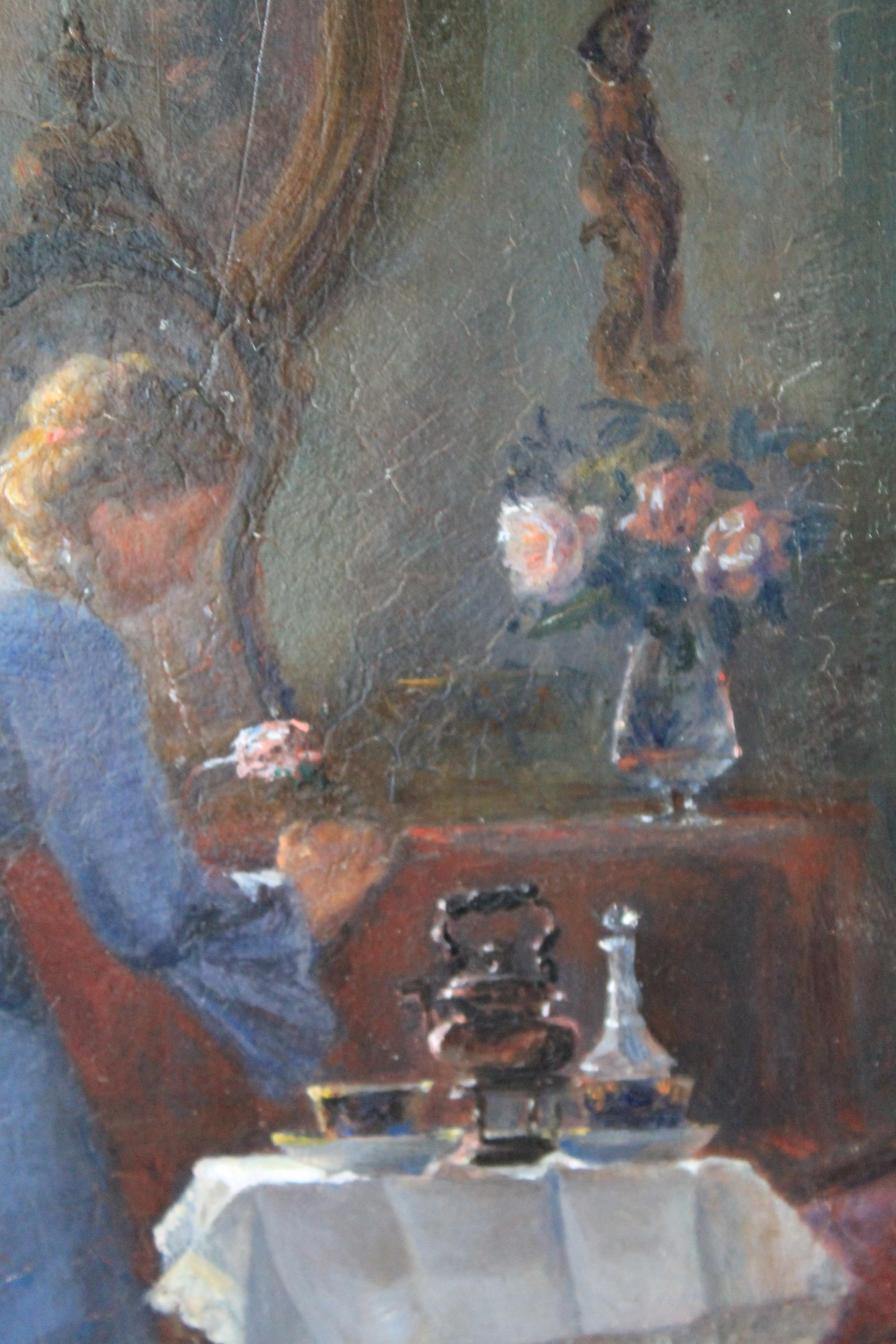 Wonderful antique oil portrait on wood panel of a woman preparing for tea time.  Charisma and charm are the order of the day!  A beautifully dressed woman prepares for tea.  Is she expecting someone special?  She bends slightly and takes a rose from