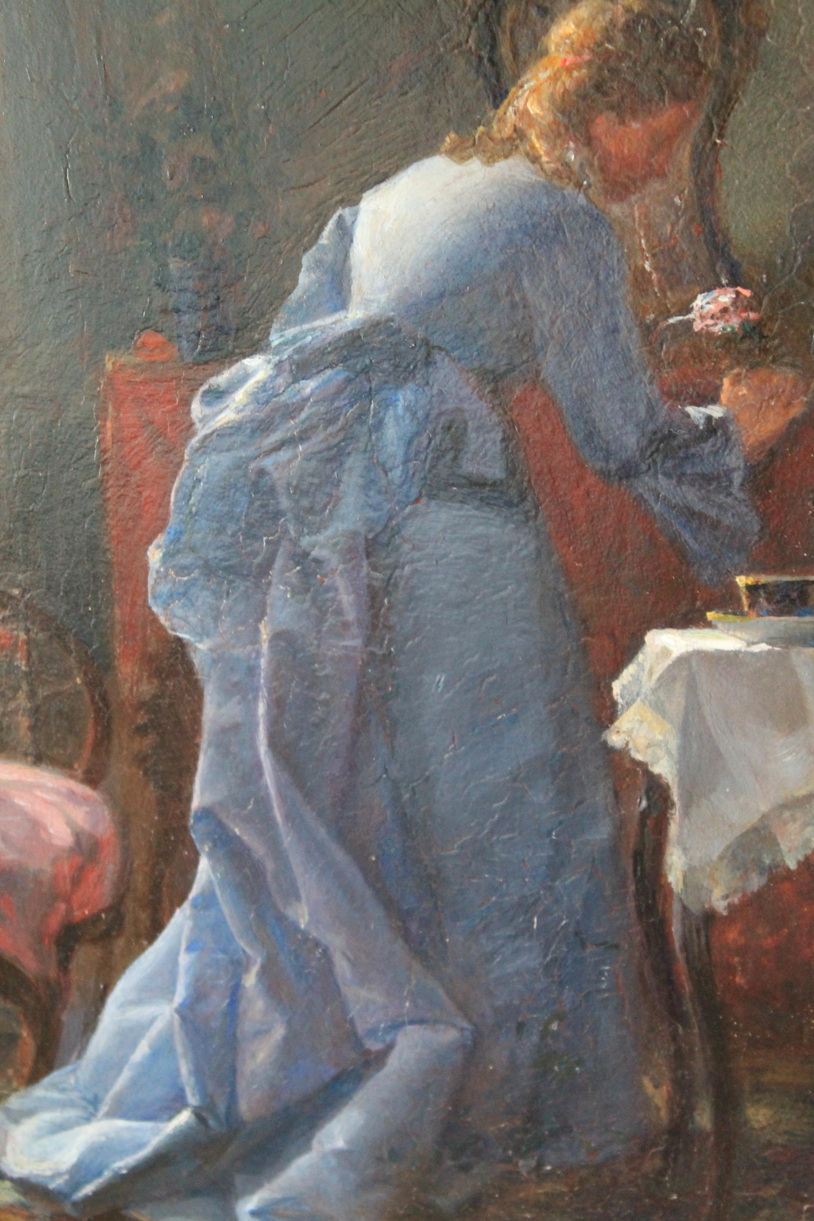 Antique oil painting interior room at tea time 1
