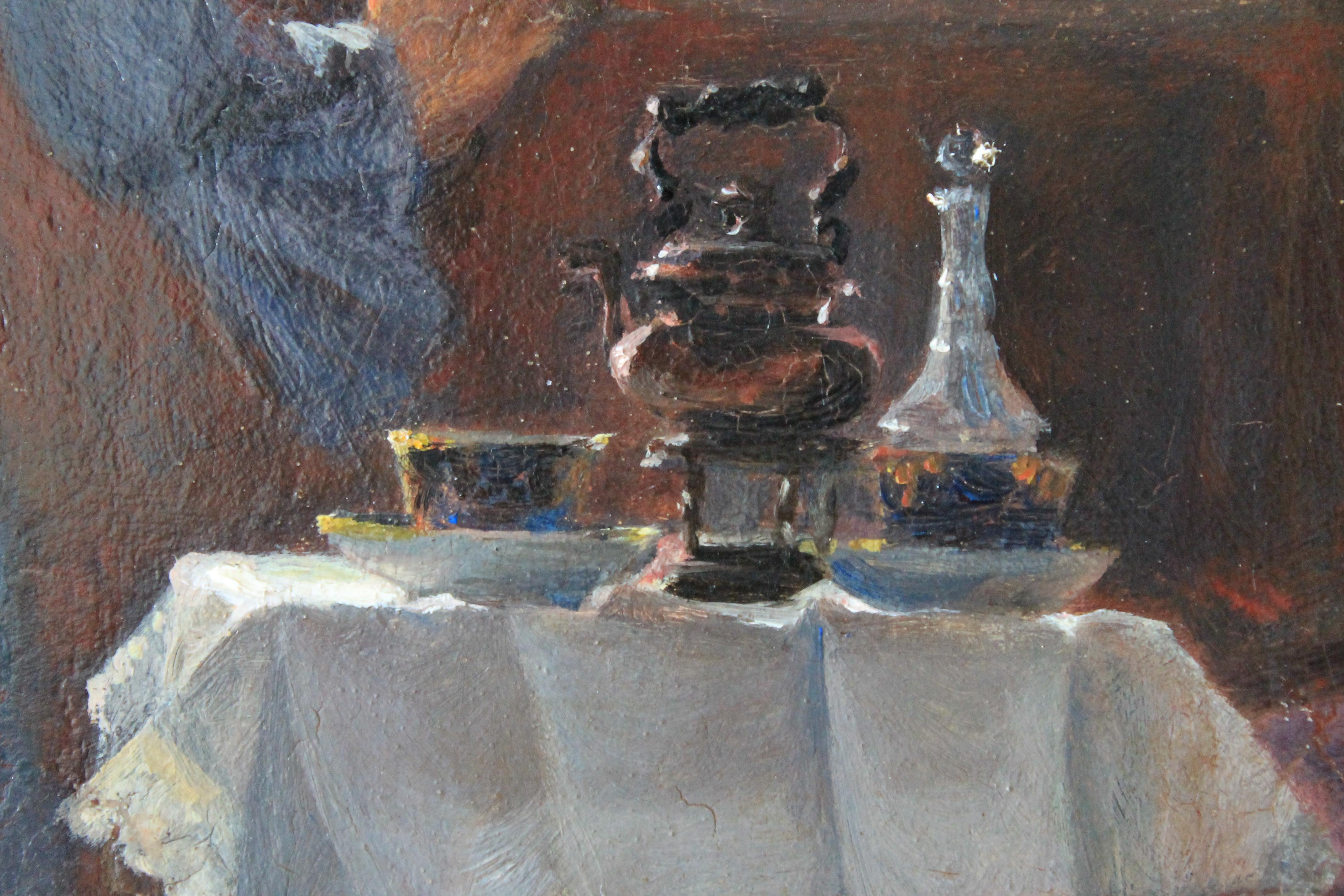 Antique oil painting interior room at tea time 2