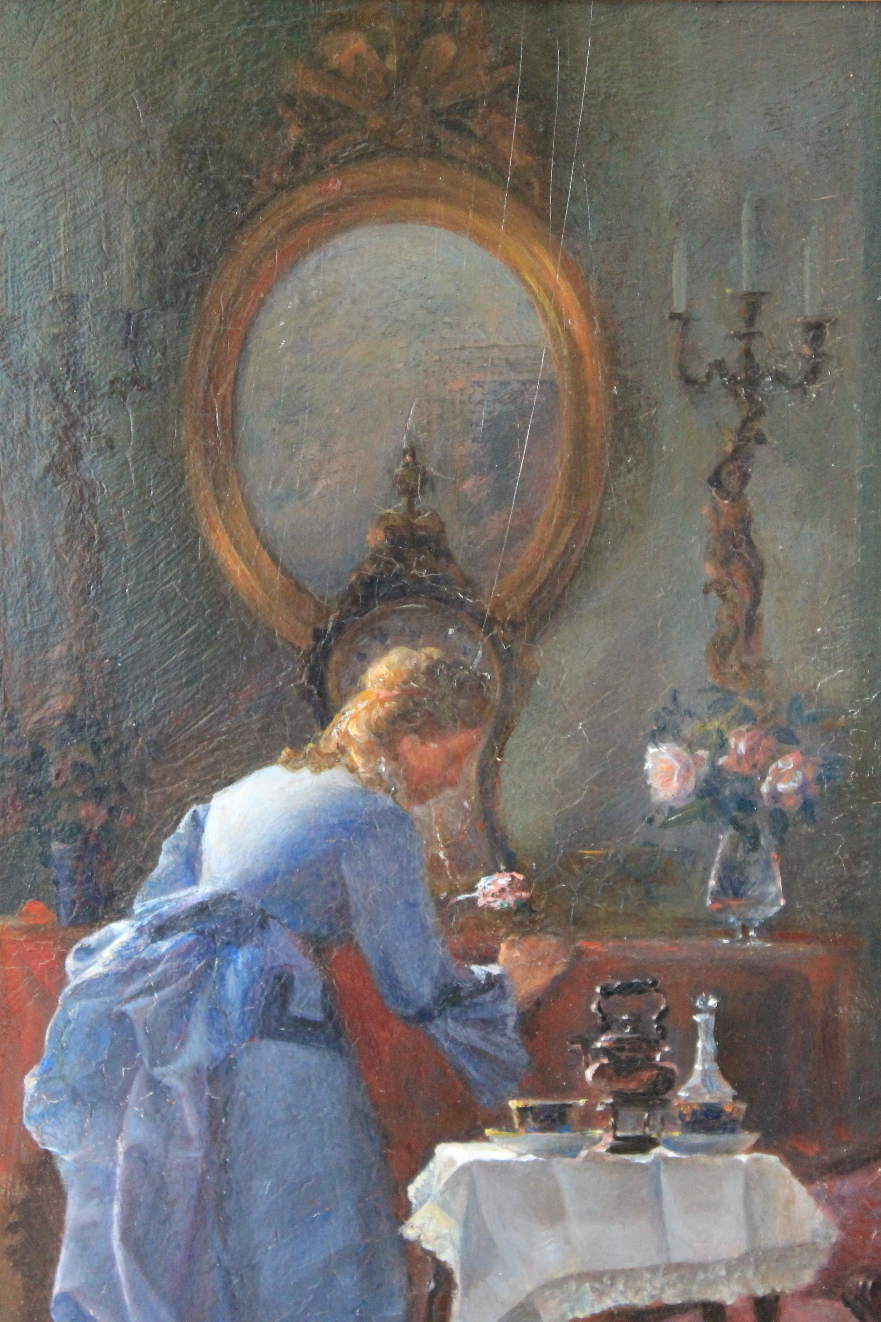 Antique oil painting interior room at tea time 4