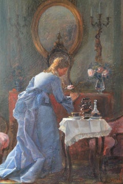 Antique oil painting interior room at tea time