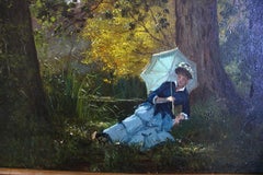 19th Century Oil Painting, Elegant Lady with Parasol in Woodland, Impressionist