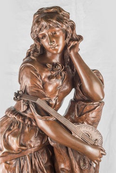 Adrien Etienne Gaudez.  Maiden with a Lute, Patinated Bronze Sculpture .