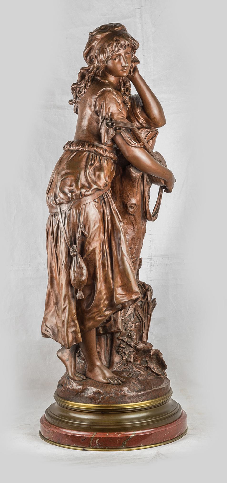 Maiden with a Lute, Patinated Bronze Sculpture by Adrien Etienne Gaudez - Gold Still-Life Sculpture by Adrien Étienne Gaudez