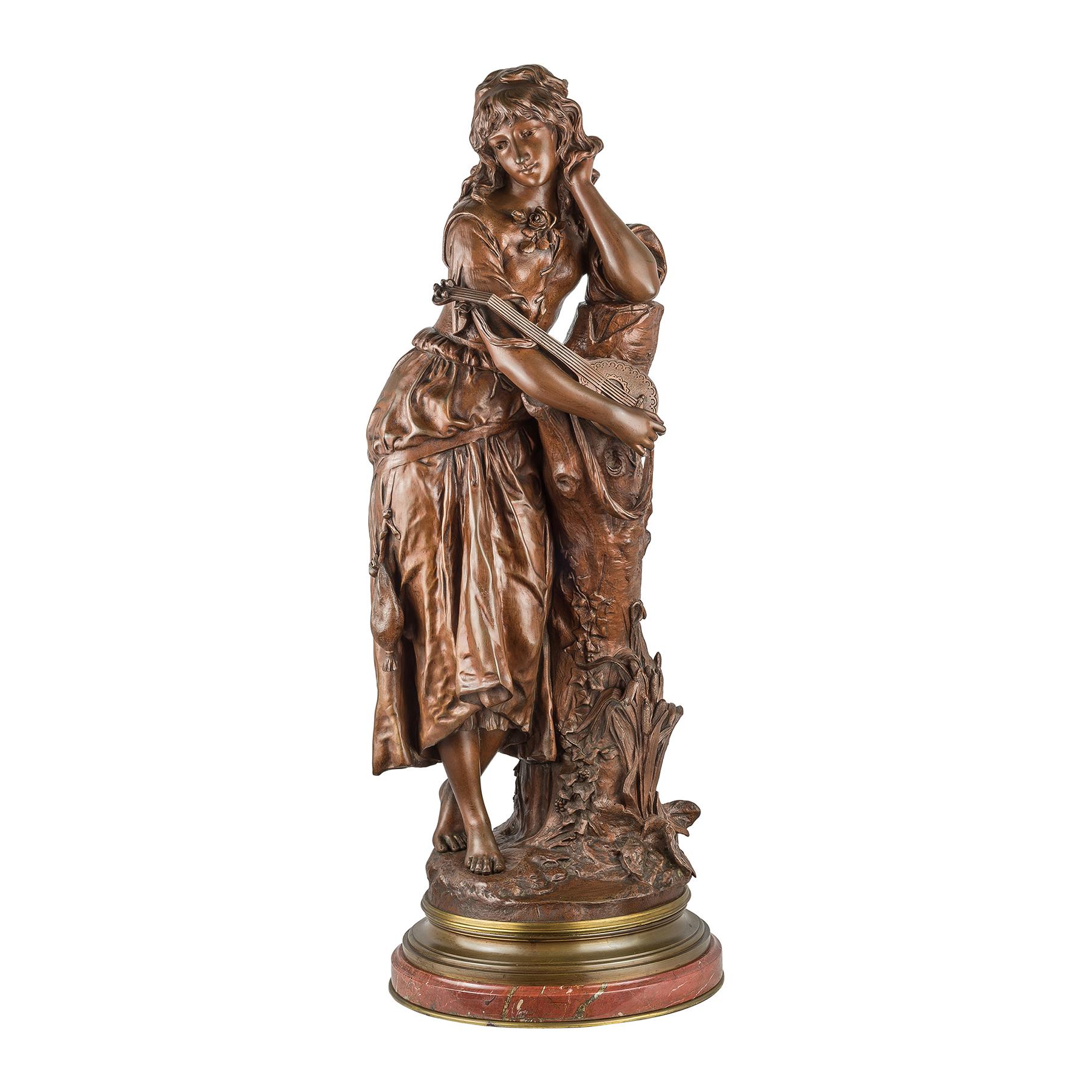 Adrien Étienne Gaudez Still-Life Sculpture - Maiden with a Lute, Patinated Bronze Sculpture by Adrien Etienne Gaudez