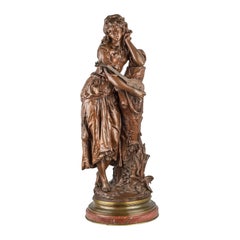 Antique Maiden with a Lute, Patinated Bronze Sculpture by Adrien Etienne Gaudez