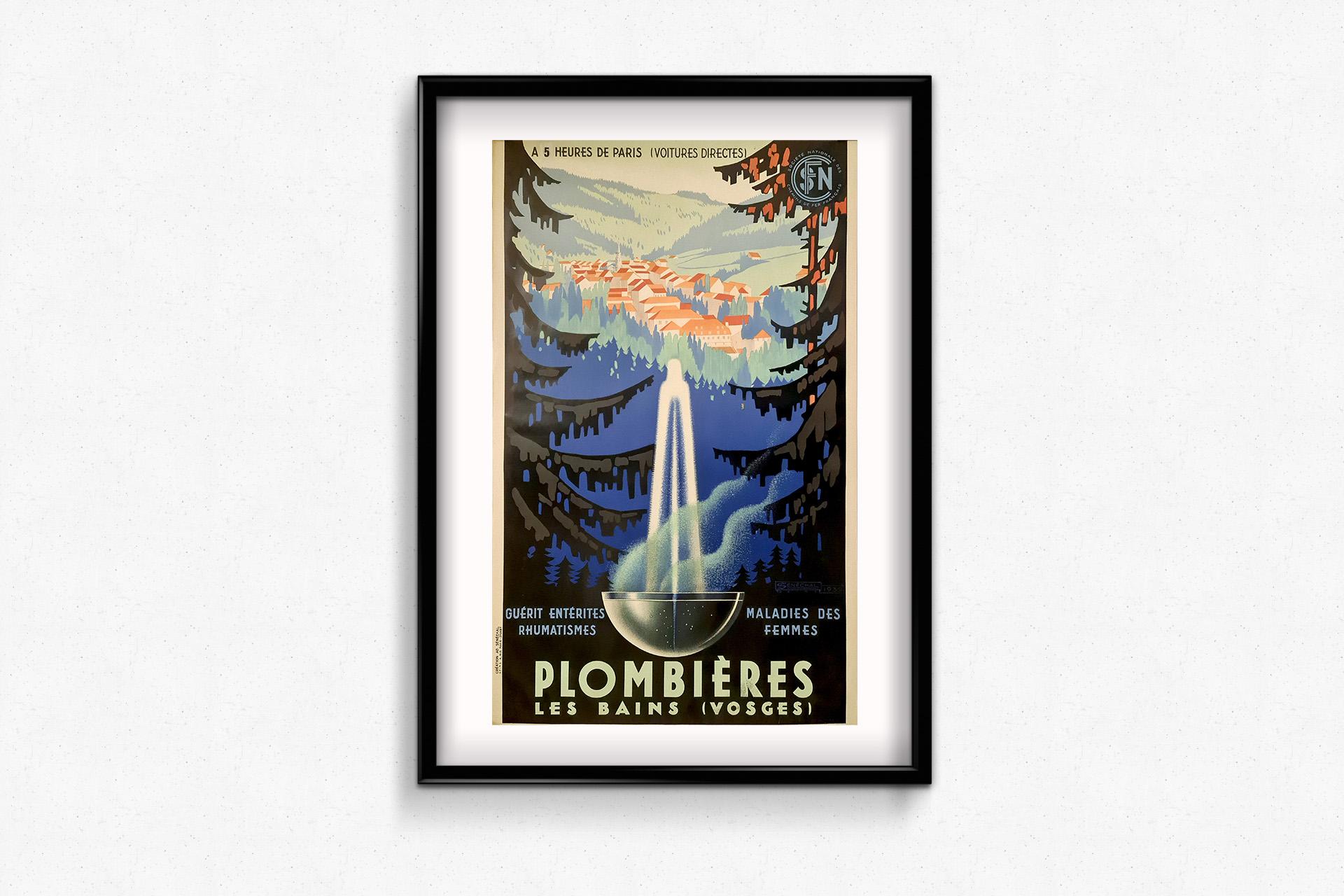 Este llamativo cartel de viaje de Sénéchal de 1939 fue diseñado para promocionar la famosa ciudad balneario de Plombières-les-Bains, en la región francesa de los Vosgos. Por encargo de la Société Nationale des Chemins de fer Français (SNCF), la