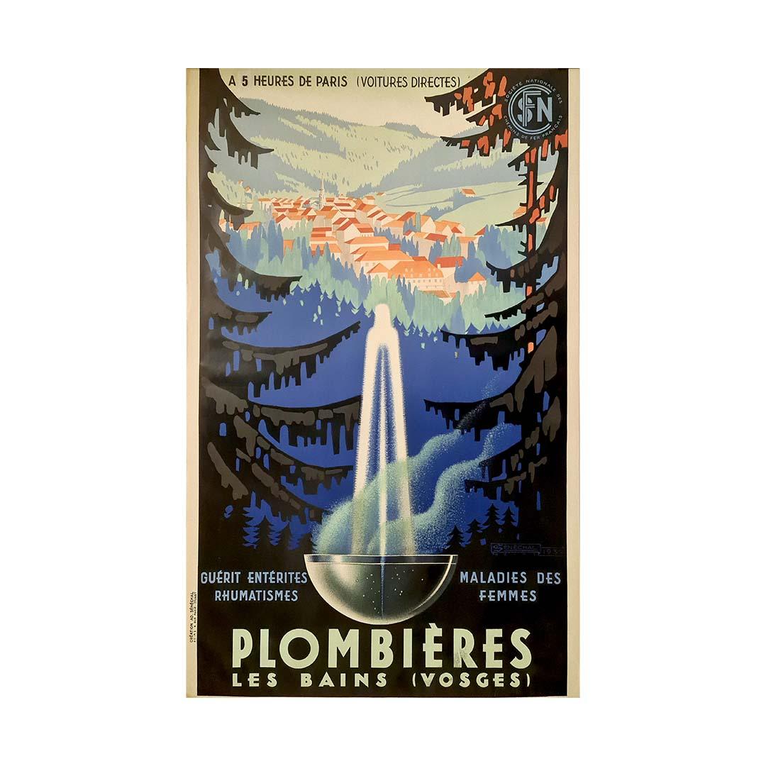 Cartel de viaje original de 1939 de Sénéchal para la ciudad balneario de Plombières-les-Bains en venta 2