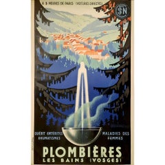 Cartel de viaje original de 1939 de Sénéchal para la ciudad balneario de Plombières-les-Bains