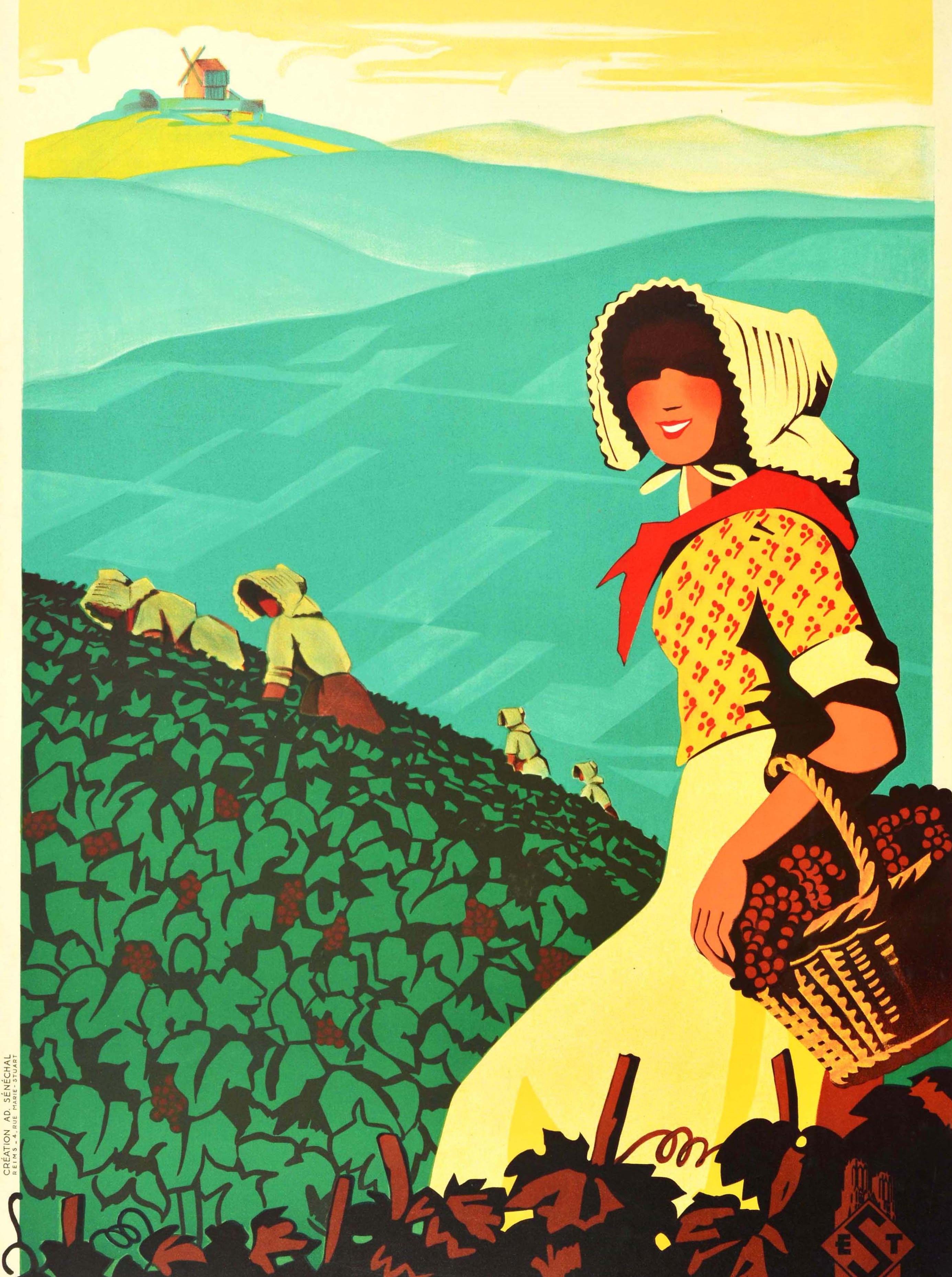Original-Vintage-Poster „La Champagner Frankreich“, funkelnder Wein, Getränke, Weinreben, Weinkräuter (Blau), Print, von Adrien Sénéchal