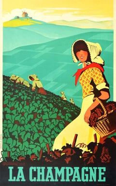 Póster Original Vintage La Champagne Francia Vino Espumoso Bebida Viñedo Uvas