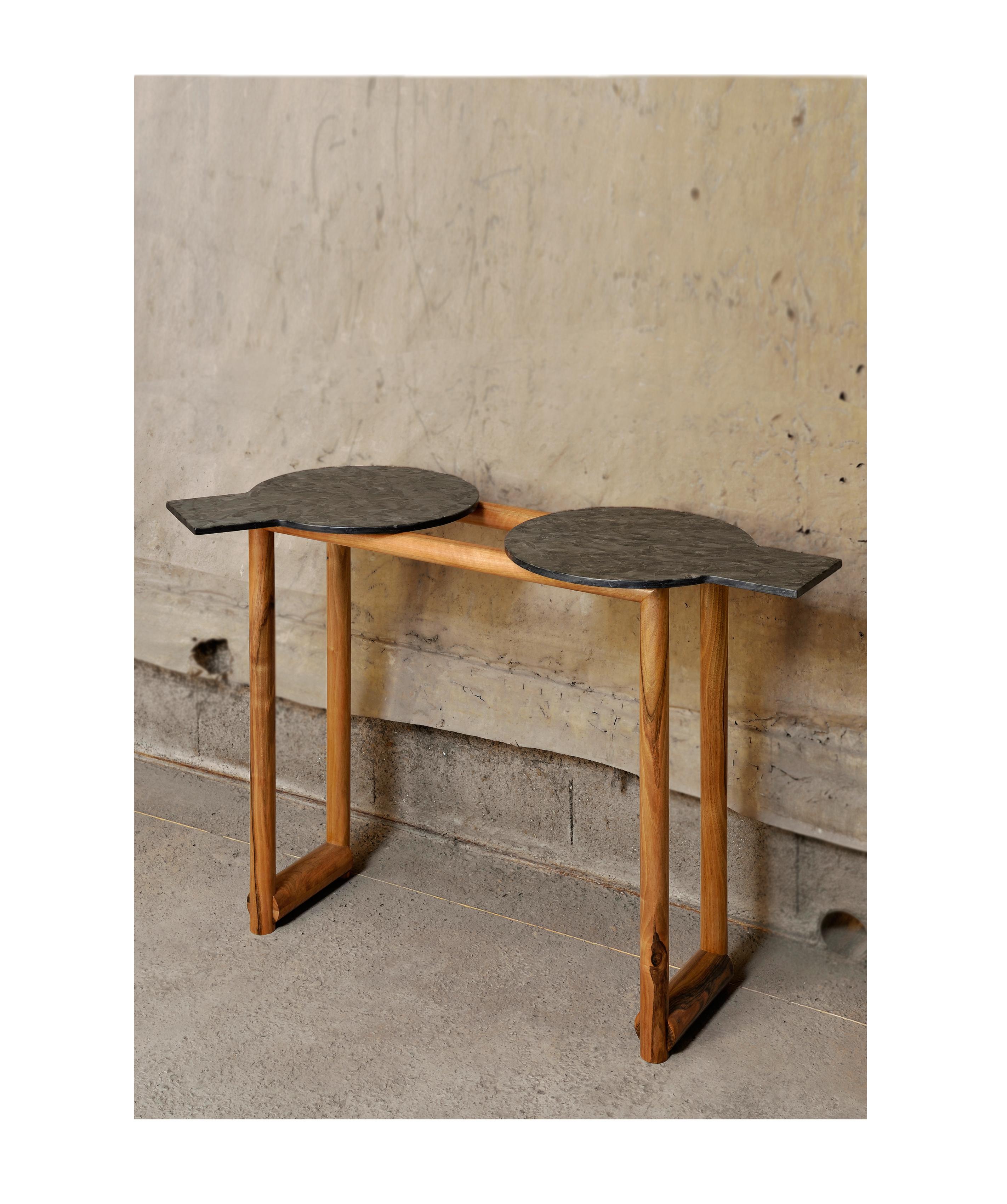 Adrienne console by Kaaron
Dress and play
Limited Edition of 12 pieces
Materials: Matrix quartzite, wood walnut, France
Dimensions: Length 135 cm x diameter top 45 cm x height 90 cm  

Handcraft in France.
Top free to