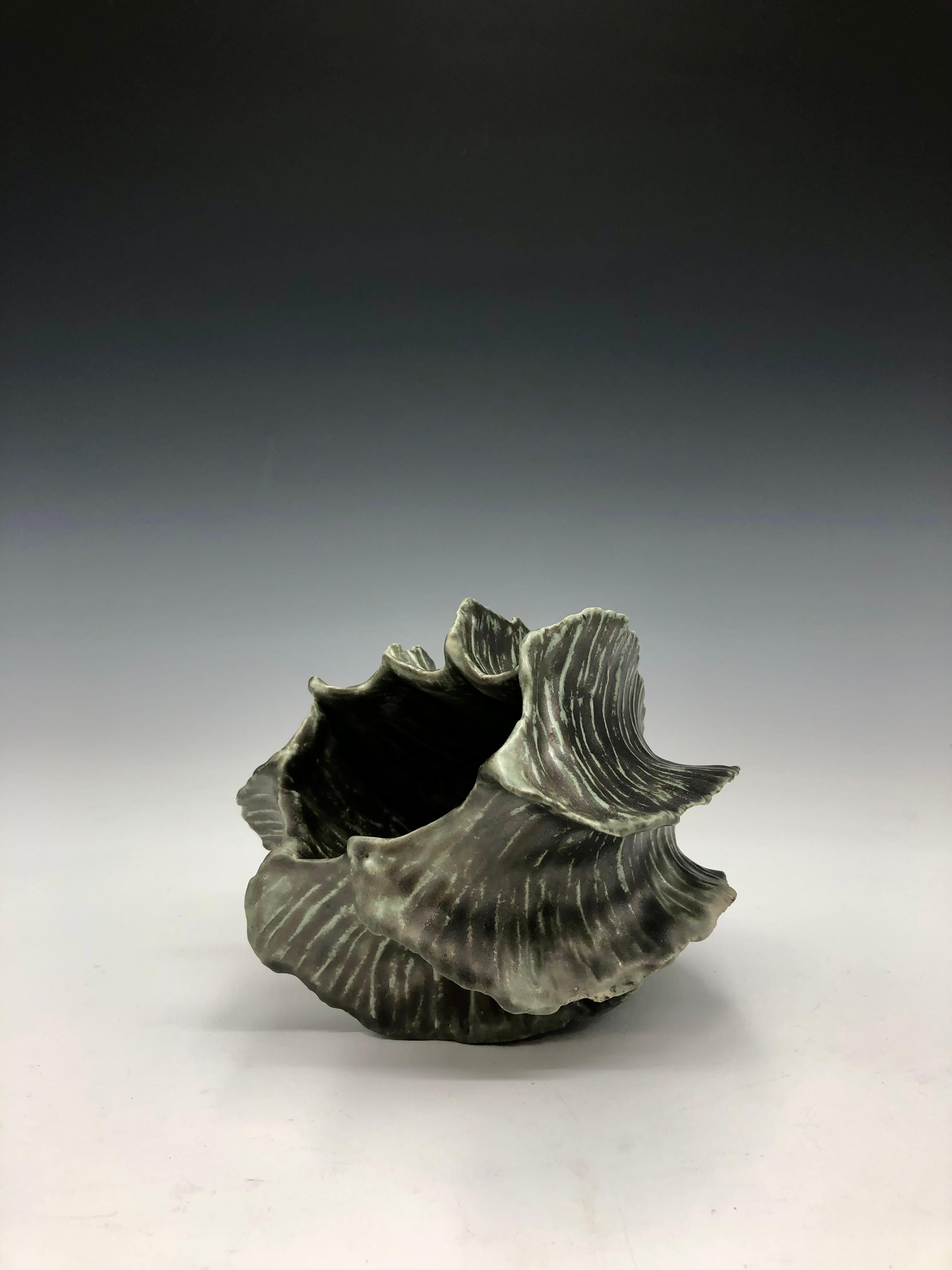 Dark Green Seapod Ceramic Vessel Sculpture - Black Abstract Sculpture by Adrienne Fierman