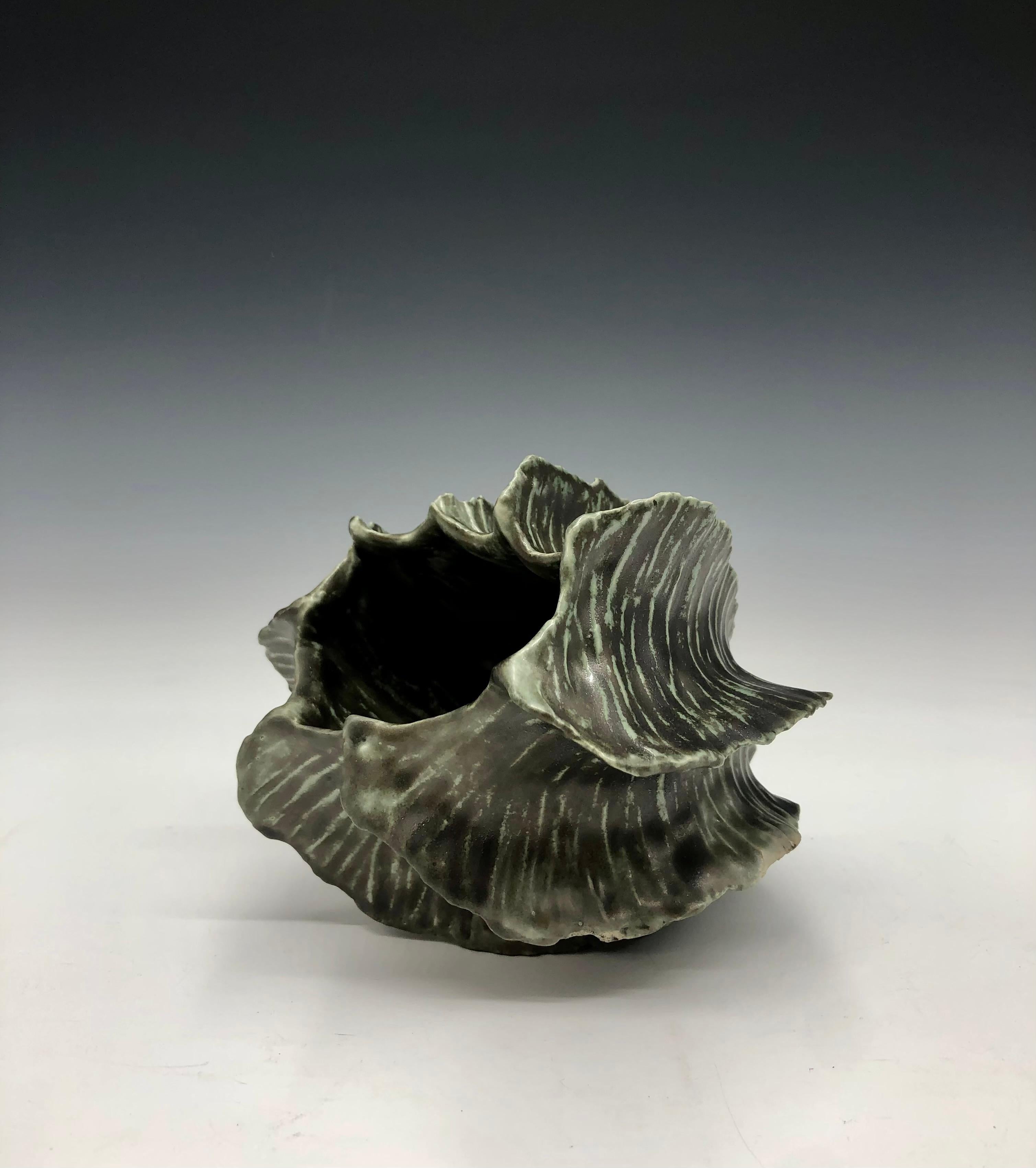 Adrienne Fierman Abstract Sculpture - Dark Green Seapod Ceramic Vessel Sculpture