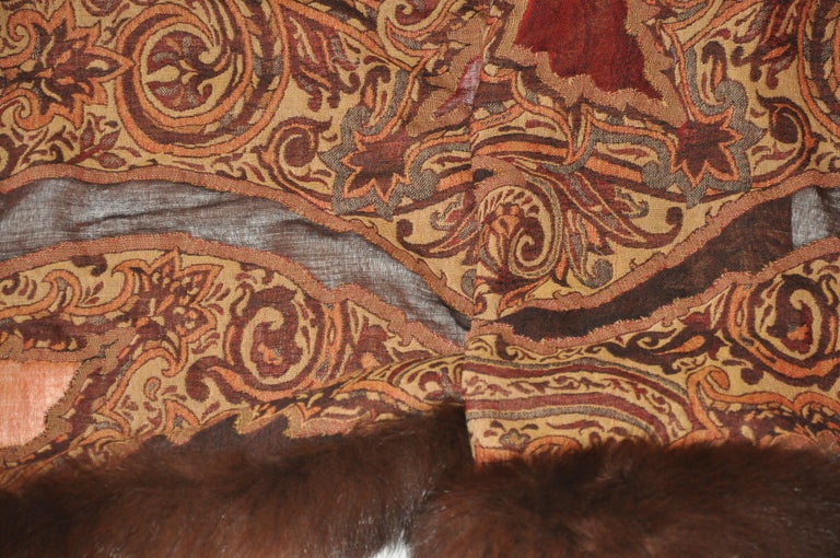 Adrienne Landau Luxurious Lightweight Wool Tapestry with Brown Fox Trim Shawl For Sale 8