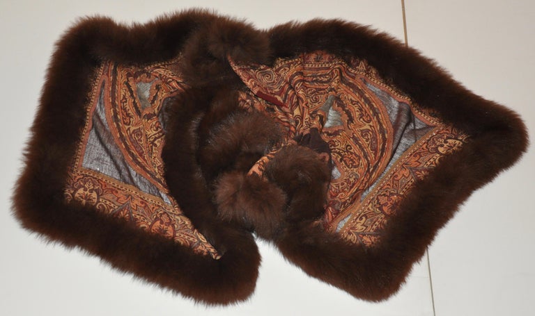 Adrienne Landau Luxurious Lightweight Wool Tapestry with Brown Fox Trim Shawl For Sale 11