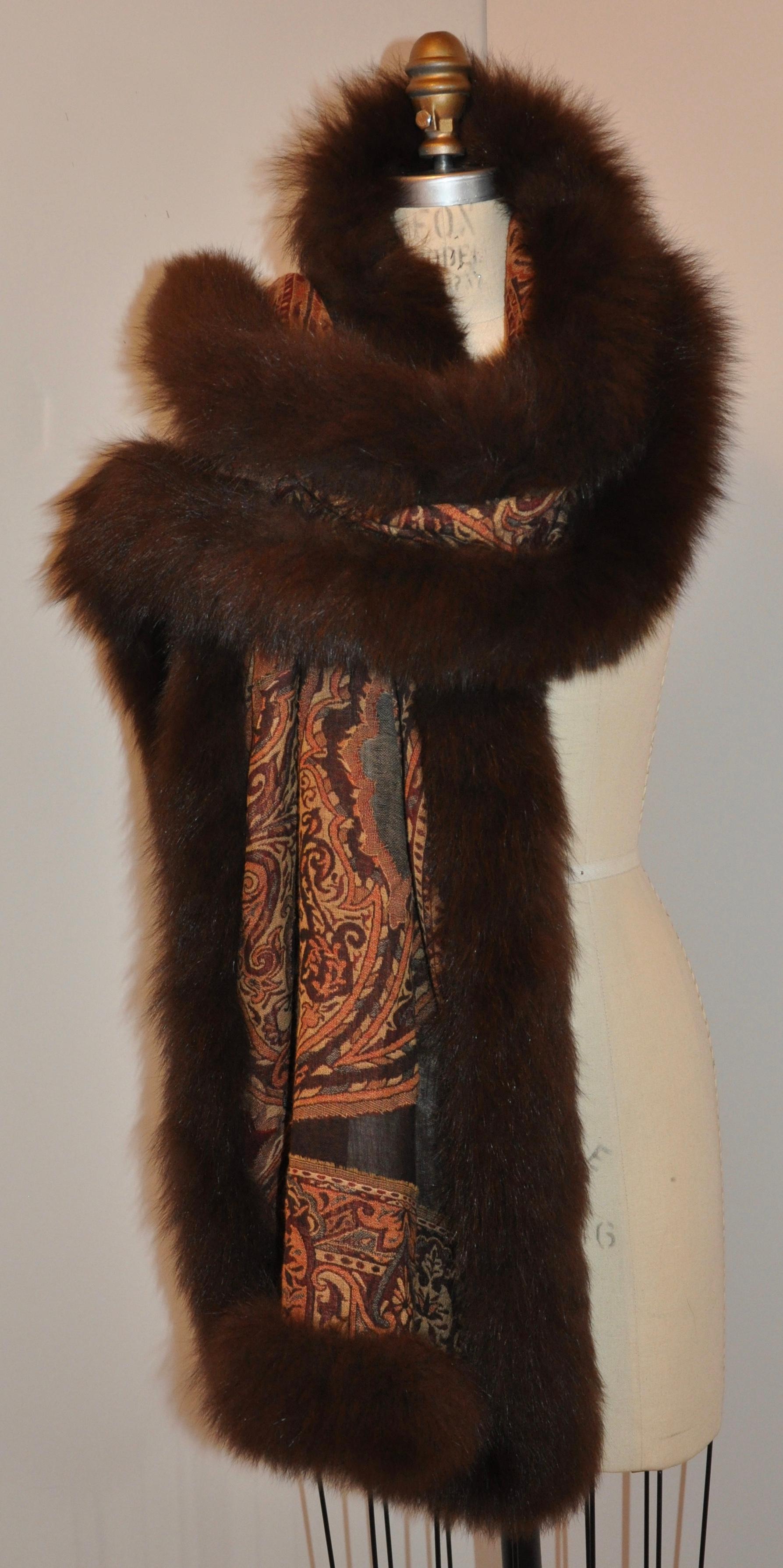 Adrienne Landau Luxurious Lightweight Wool Tapestry with Brown Fox Trim Shawl For Sale 14