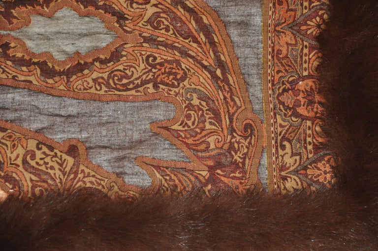 Women's or Men's Adrienne Landau Luxurious Lightweight Wool Tapestry with Brown Fox Trim Shawl For Sale
