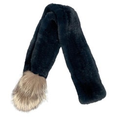 ADRIENNE LANDAU Navy Woven Fur Pom Pom Scarf