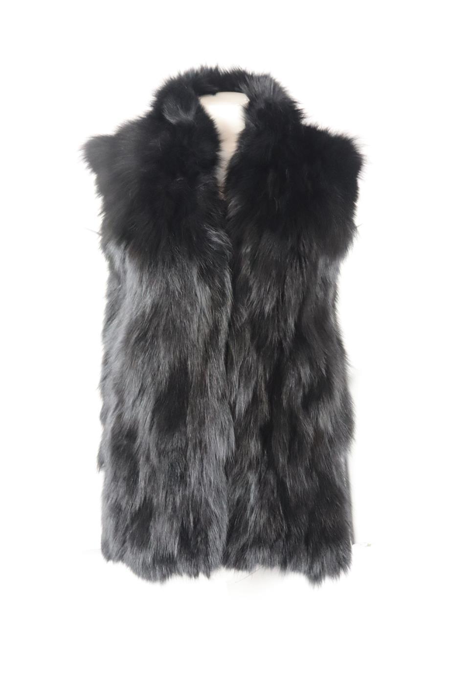 Adrienne Landau rabbit and fox fur gilet. Black. Sleeveless, crewneck. Hook and eye fastening at front. 50% Rabbit fur, 50% fox fur; lining: 100% polyester. Size: Small (UK 8, US 4, FR 36, IT 40). Shoulder to shoulder: 16.5 in. Bust: 37.2 in. Waist: