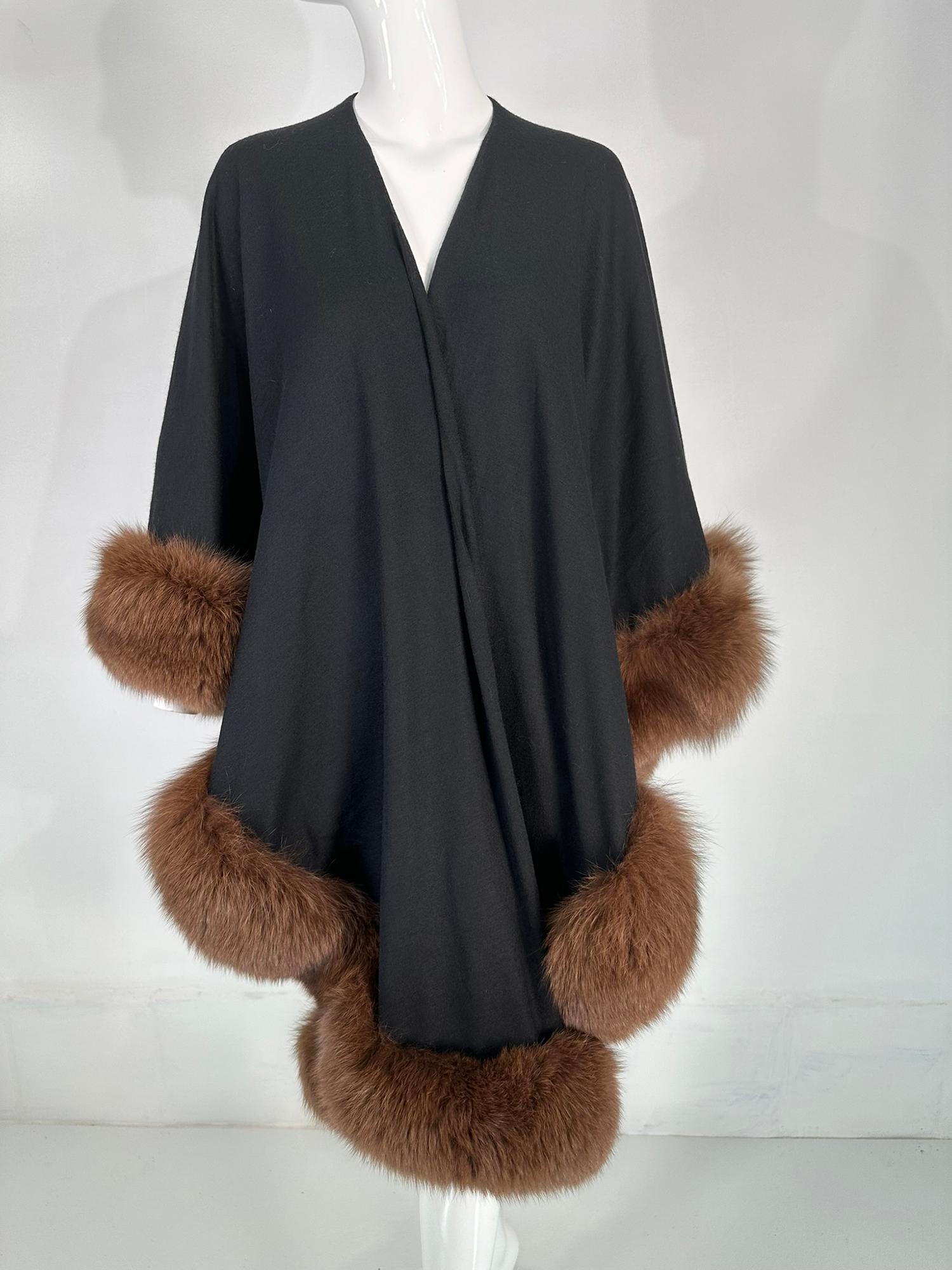Adrienne Landau Sable Trimmed Black Wool knit Cape/Wrap From the 1990s For Sale 9