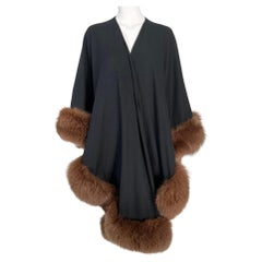 Retro Adrienne Landau Sable Trimmed Black Wool knit Cape/Wrap From the 1990s