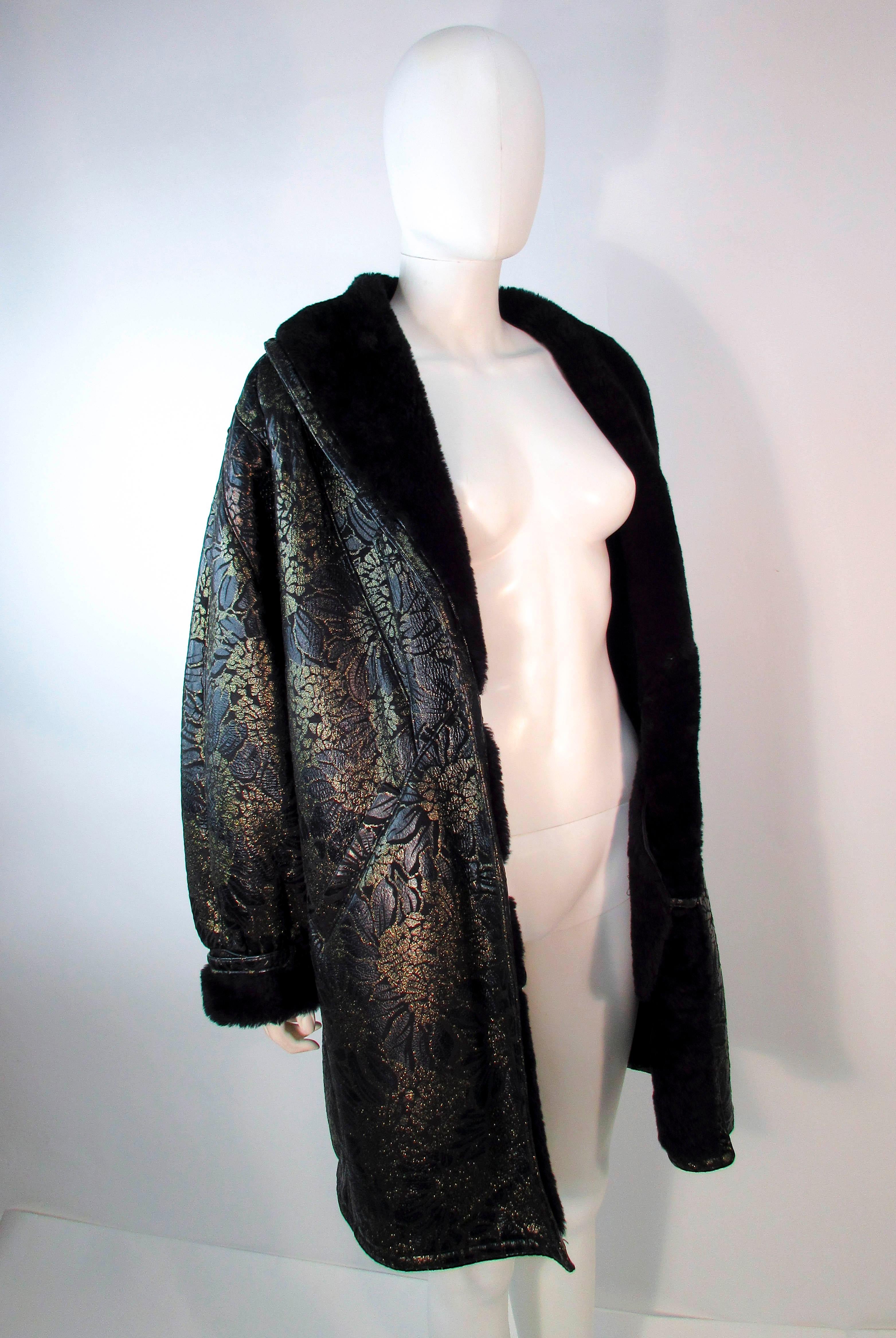 ADRIENNE LANDAU Spanish Shearling Leather Metallic Floral Pattern Coat Size 6 8 For Sale 5