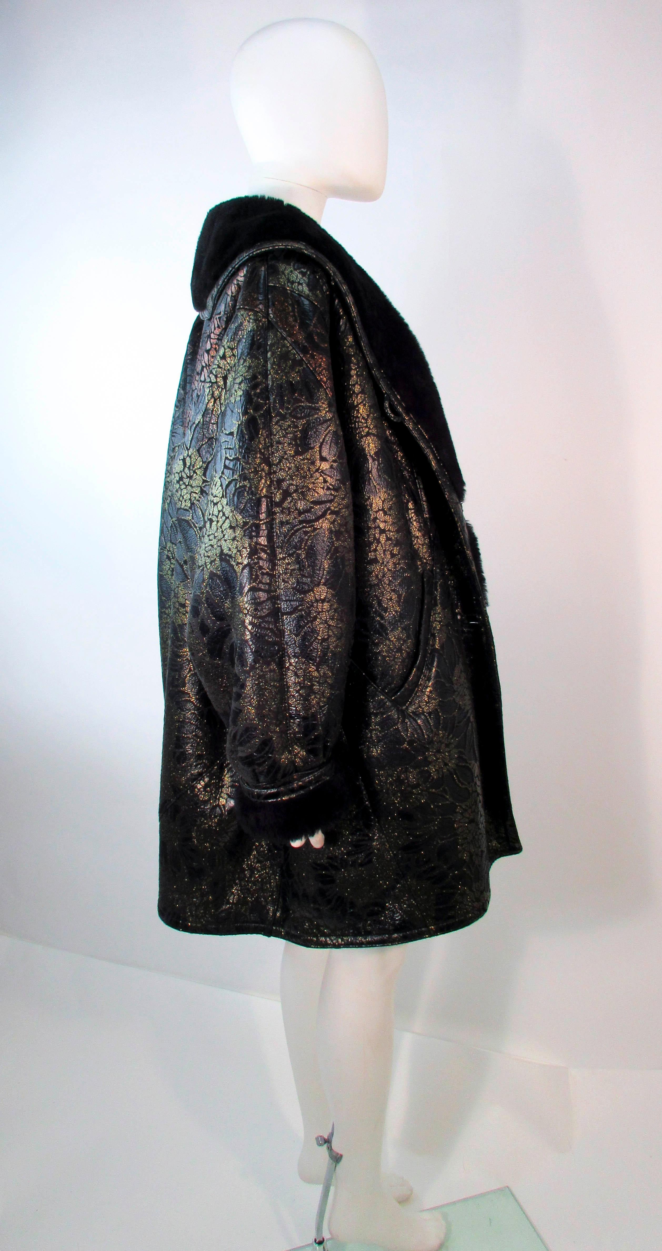 ADRIENNE LANDAU Spanish Shearling Leather Metallic Floral Pattern Coat Size 6 8 For Sale 6